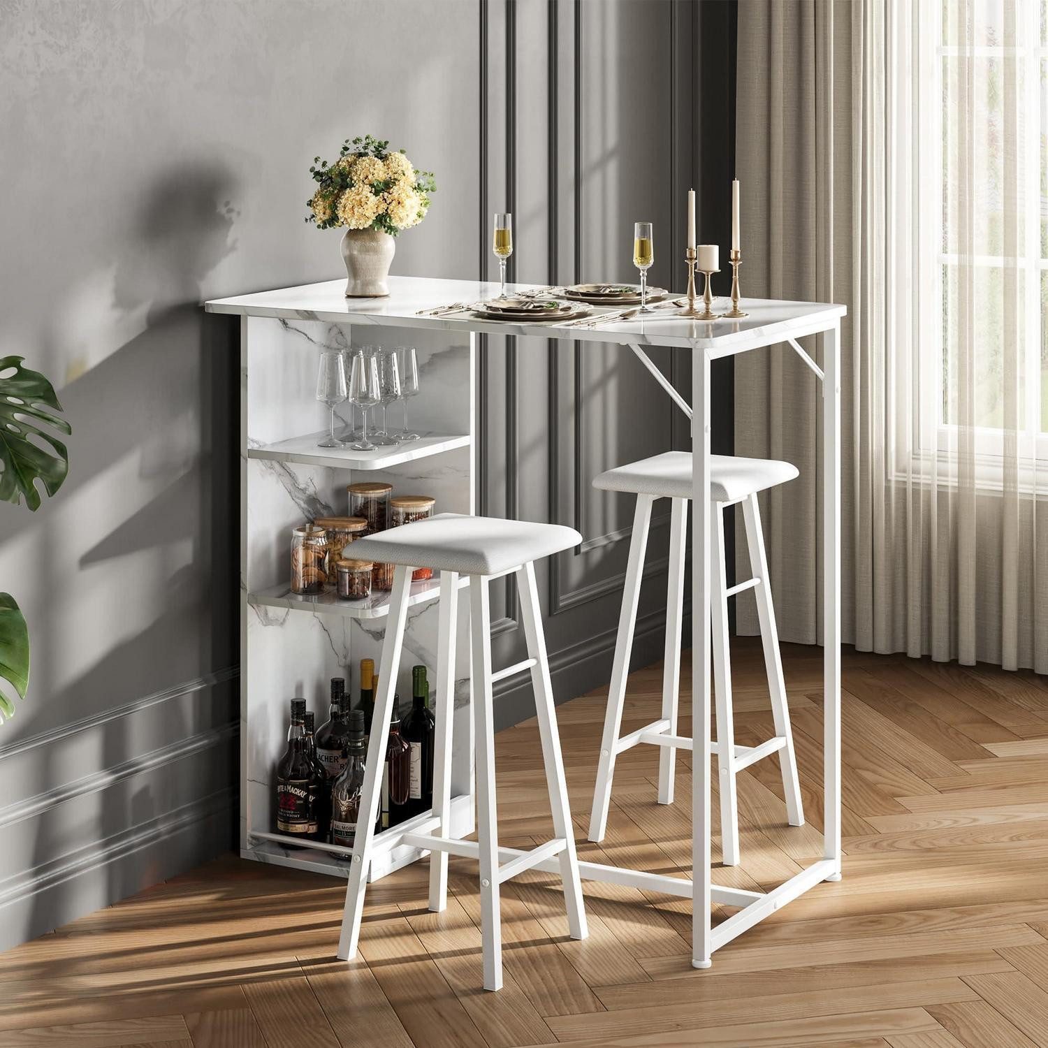 LuxusKollektion Bartisch Bartisch Barhocker Set Weinglashalter Ablage Marmor Weiß+pu Hocker (1-St)