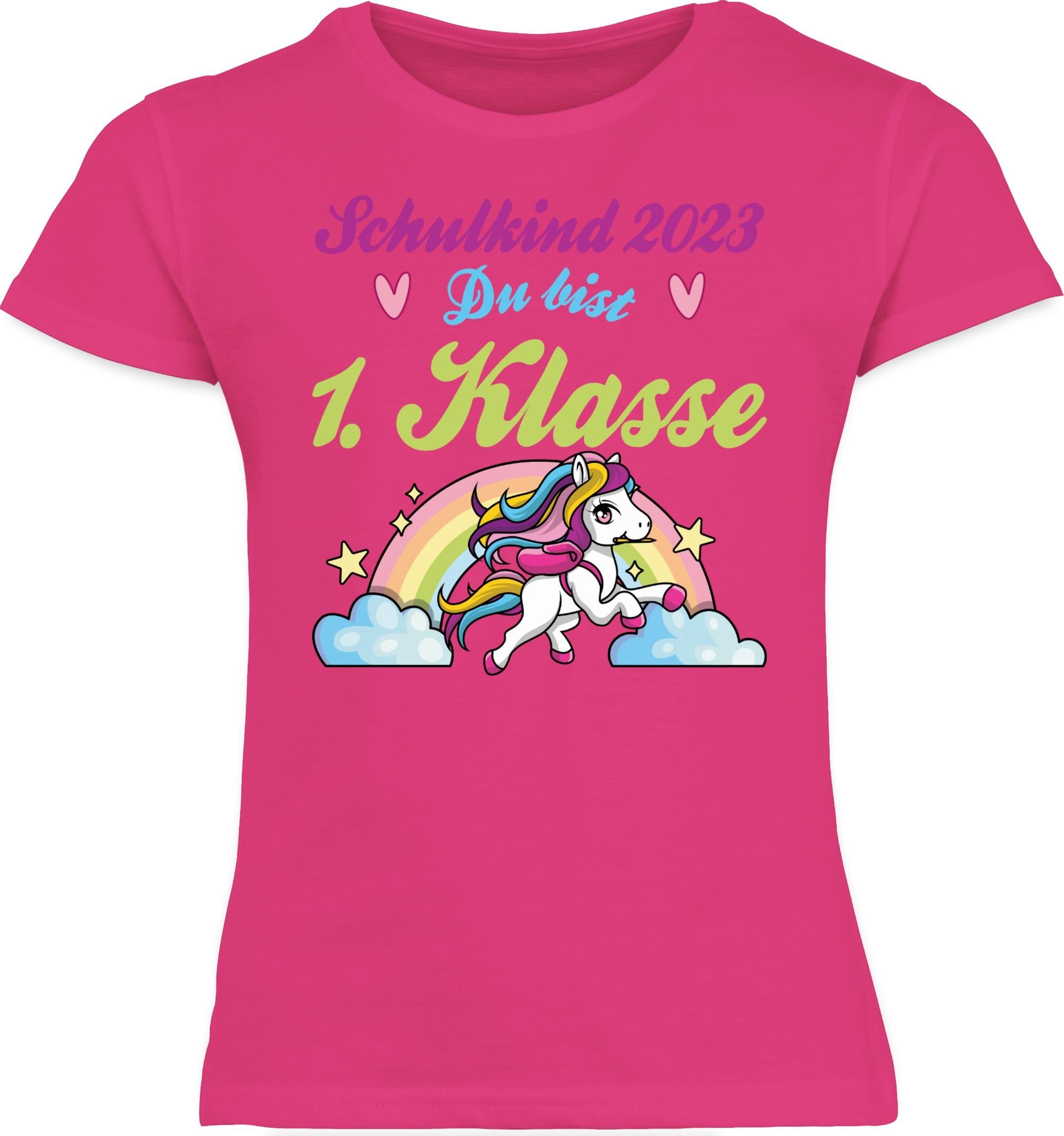 Shirtracer und Fuchsia Regenbogen Einschulung T-Shirt 1 Pferd 1. Mädchen - Schulkind 2023 bist Klasse du