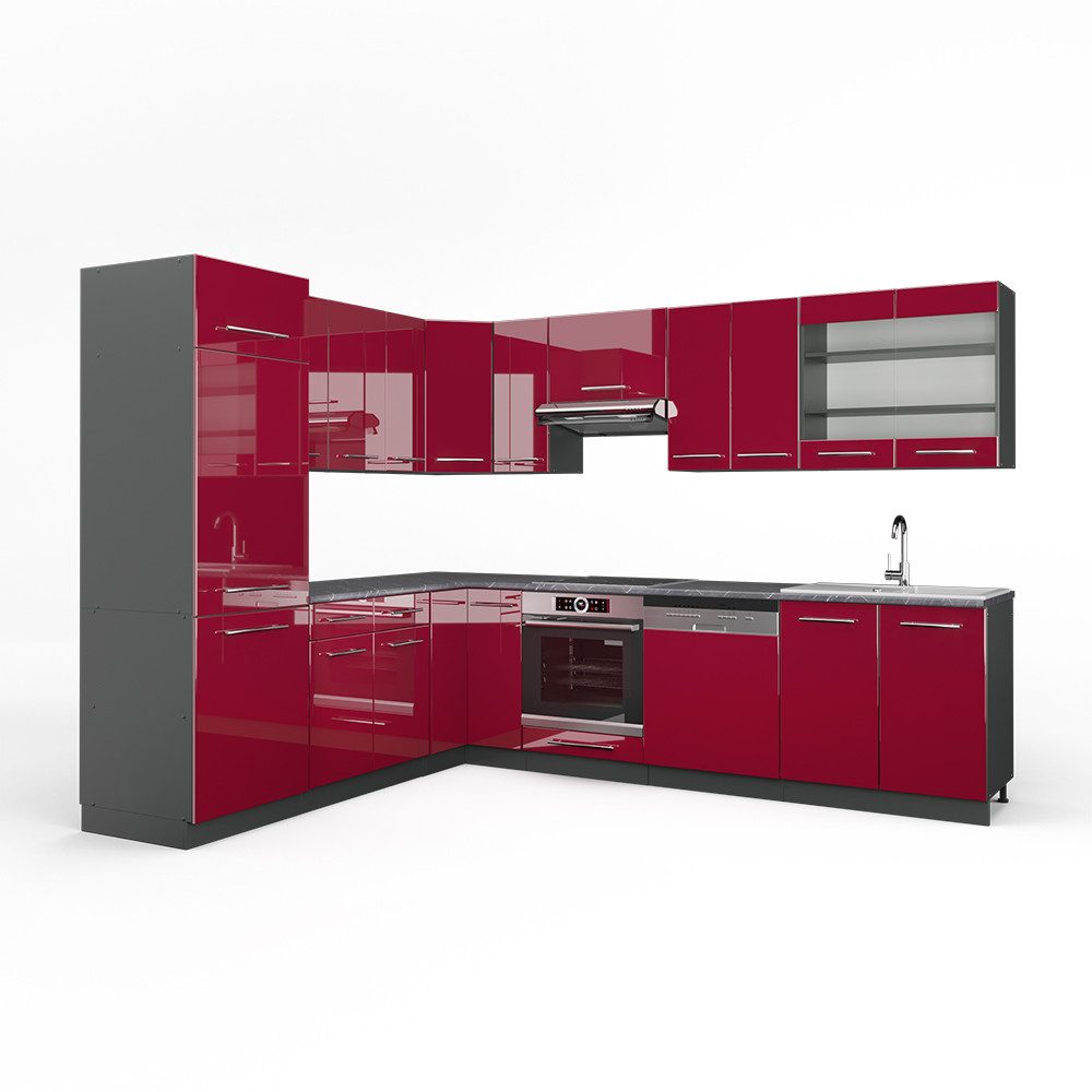 Vicco Winkelküche Fame-Line, Bordeaux Hochglanz/Anthrazit, 227x287cm ohne AP