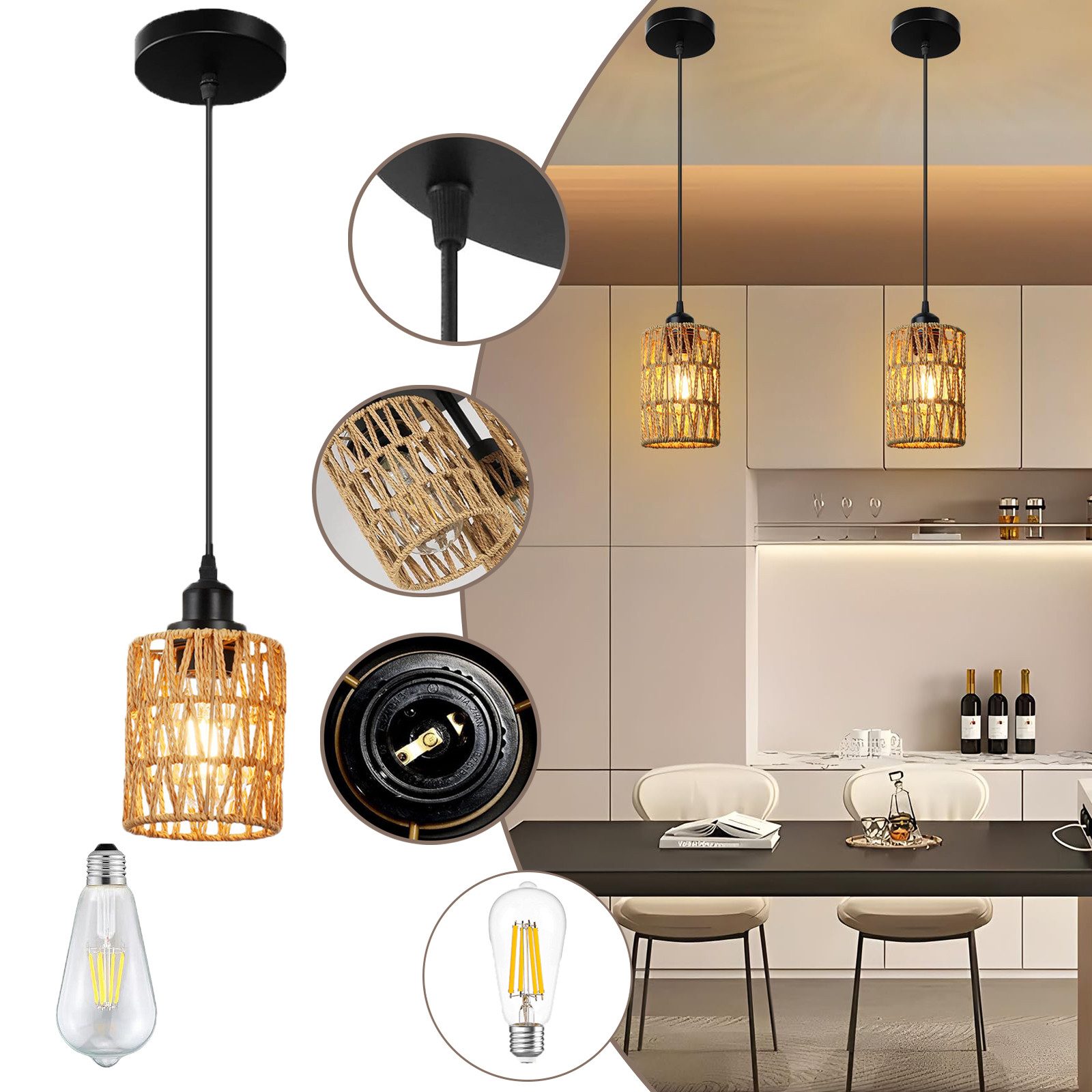 Jibenhome Pendelleuchte Boho Rattan Hängeleuchte 1/3-flammige, günstig online kaufen