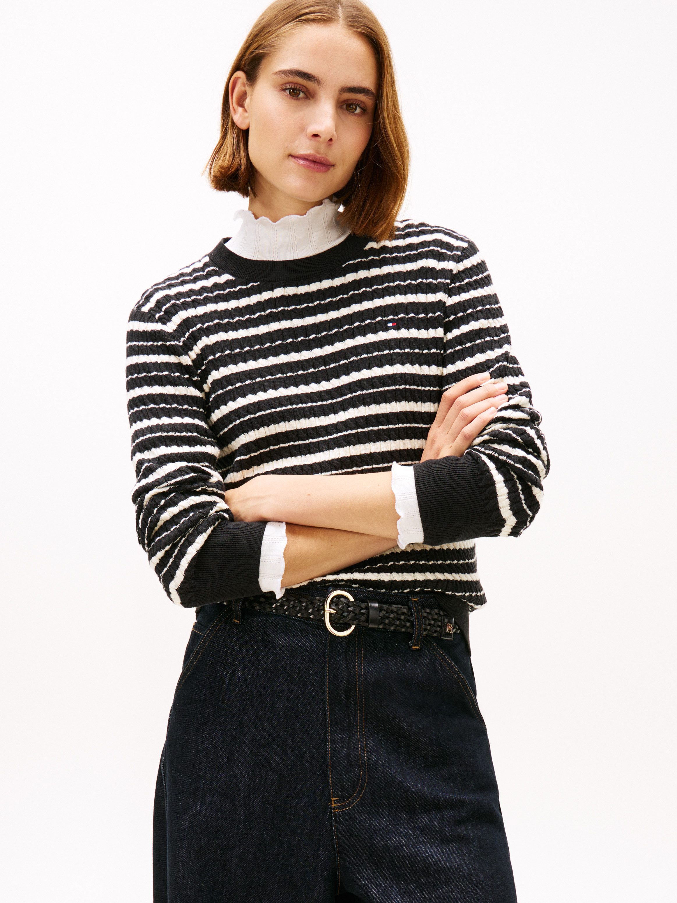 Tommy Hilfiger Rundhalspullover CO CABLE C-NK LS SWEATER Baumwolle, mit Zopfmuster, Regular Fit