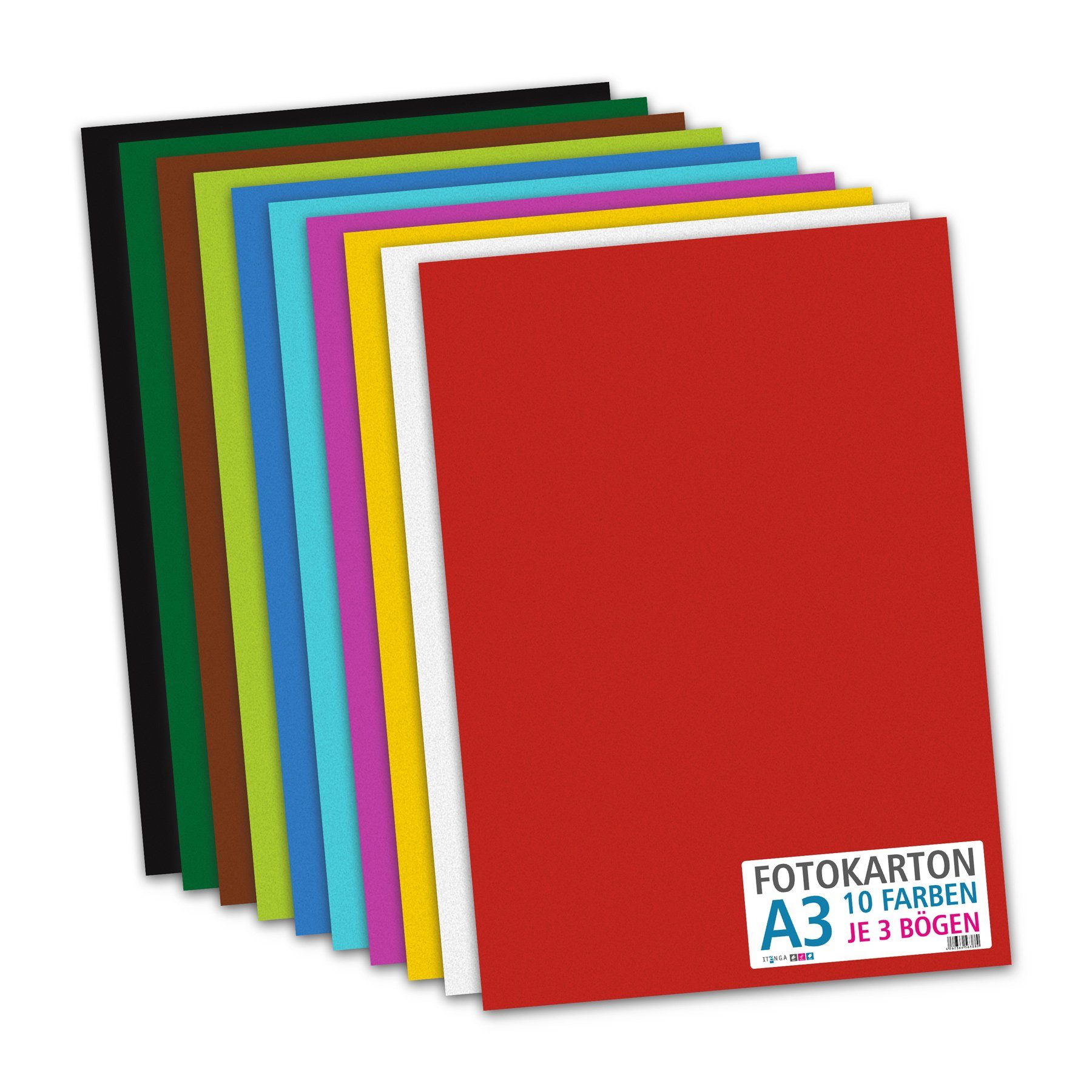 itenga Bastelkartonpapier itenga Fotokarton - DIN A3 - 300 g/qm 30 Blatt - 10 Standardfarben - p