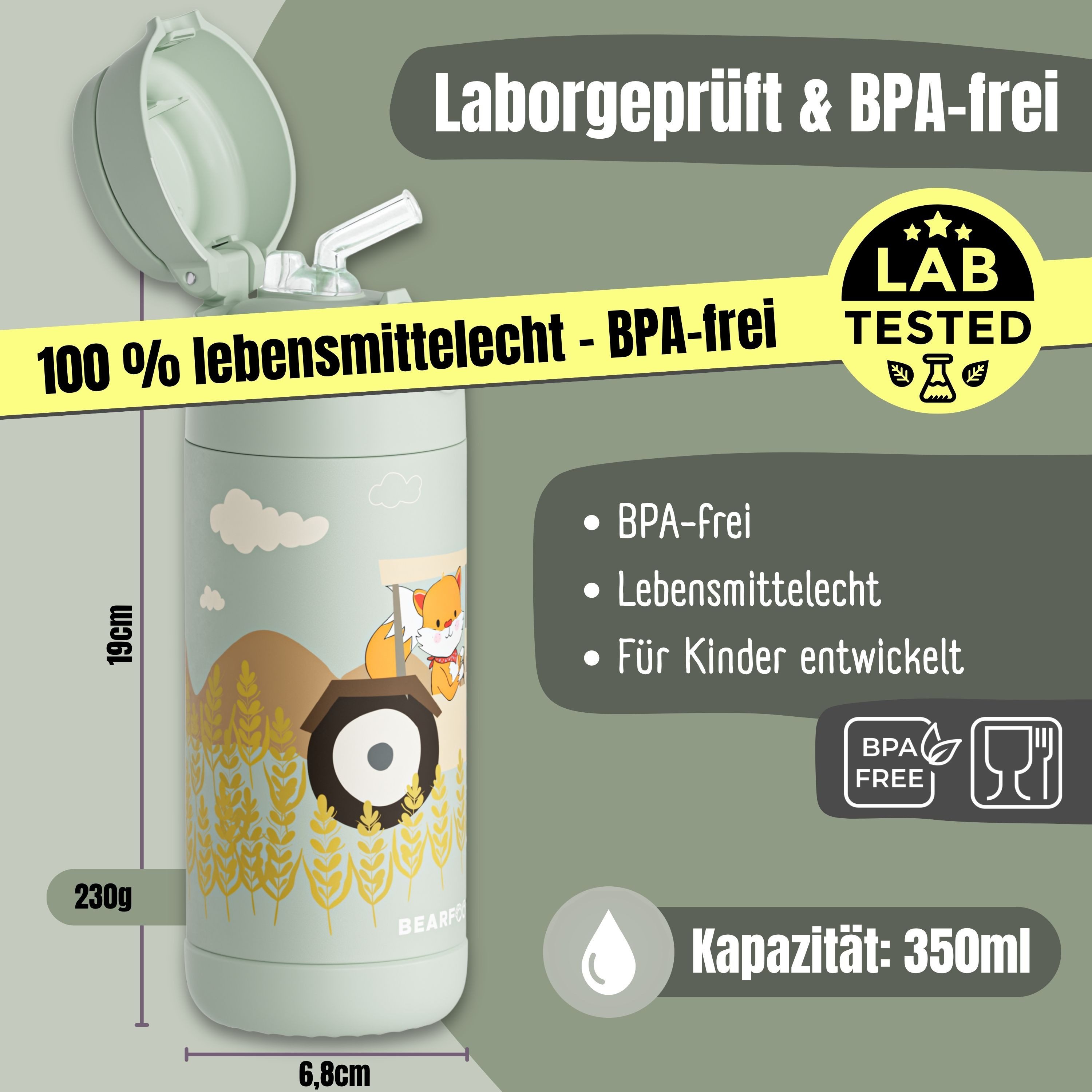 BEARFOOT Trinkflasche Thermo Kinder Trinkflasche Edelstahl - Traktor grün, Thermosflasche, auslaufsicher, Edelstahl, Kinderflasche, BPA-frei – Bild 5 von 5