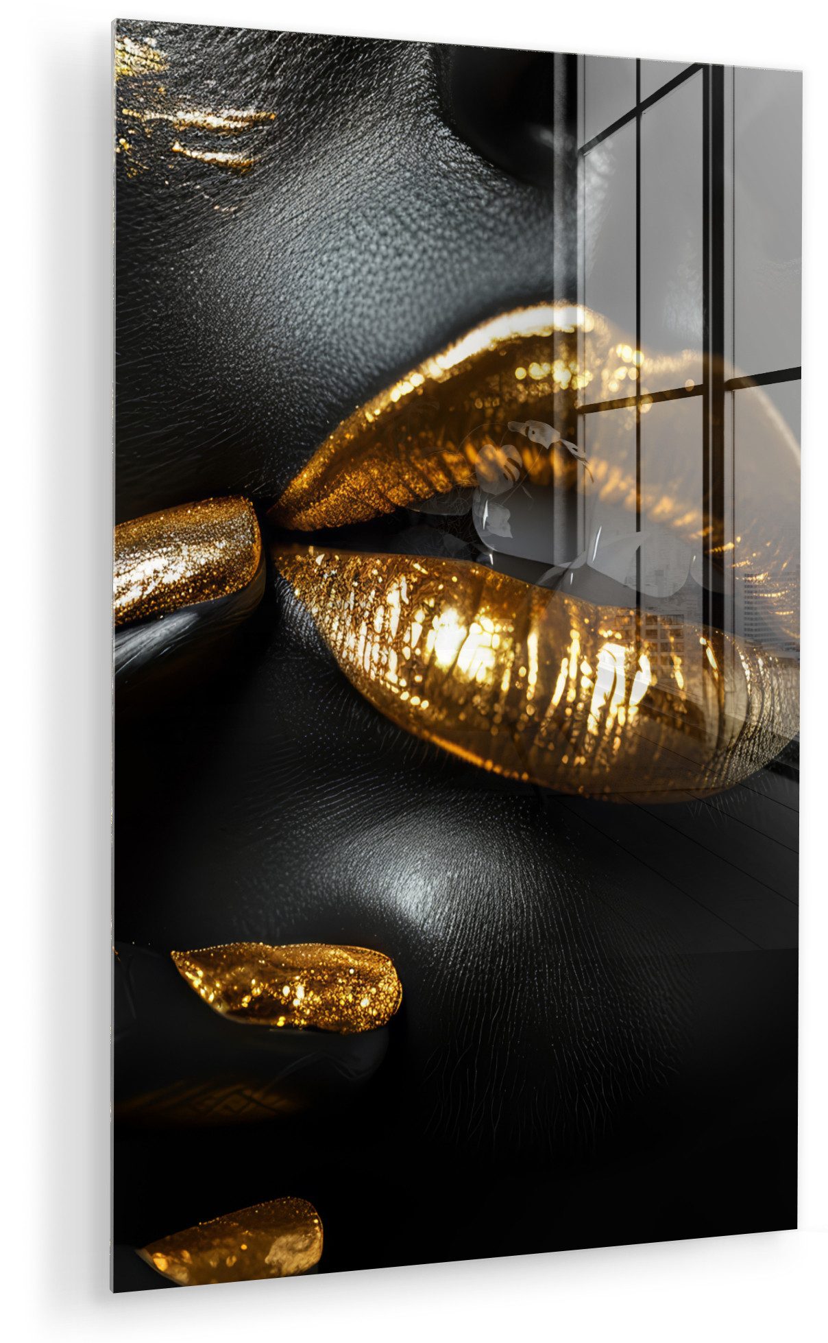 MuchoWow Acrylglasbild Lippen - Gold - Abstrakt - Schwarz - Frau, Inkl. Aufhängung, Dekorative Bild für Küche & Wohnzimmer auf Glas, 20x30 cm