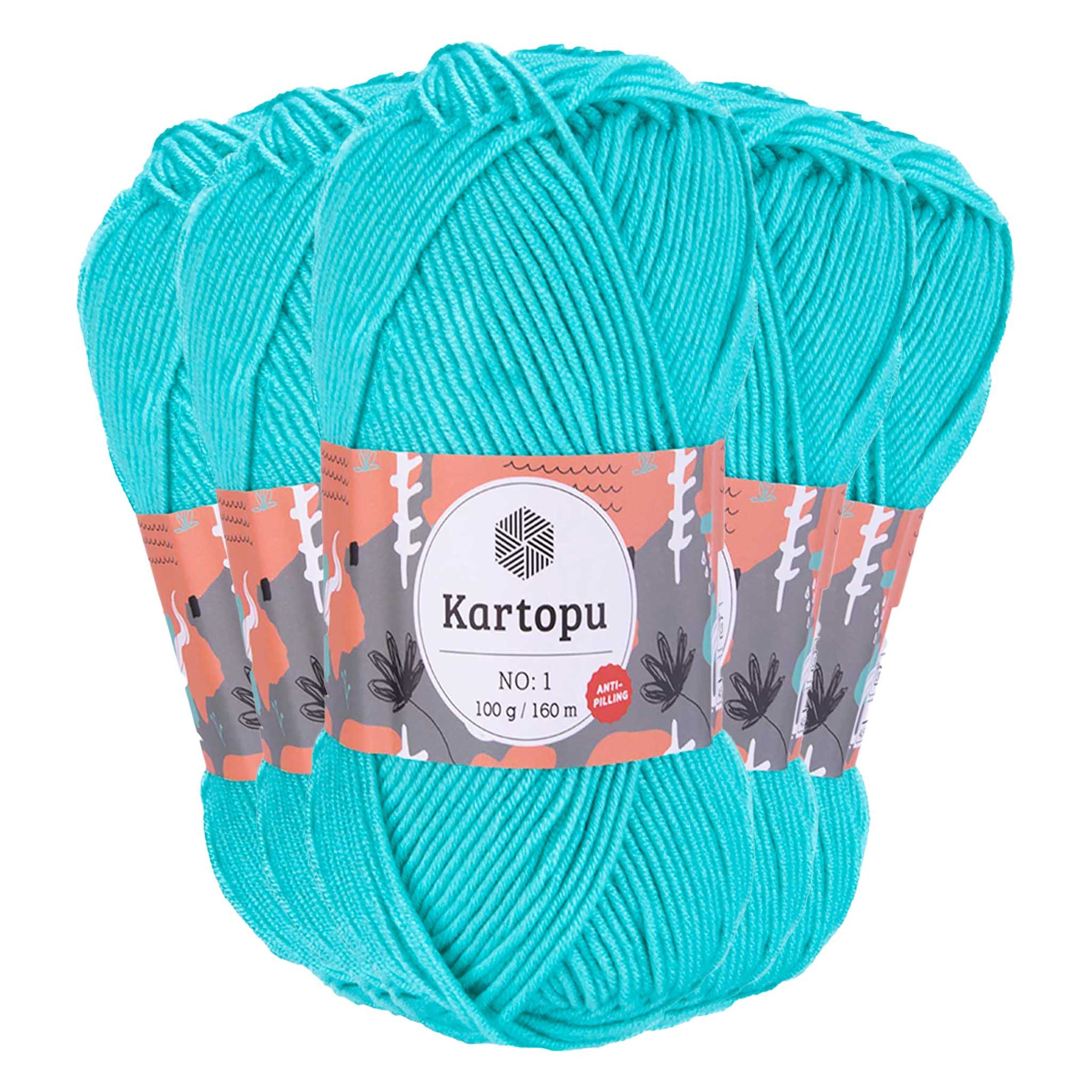 maDDma 5 x 100g Strickwolle Kartopu NO:1 Polyacryl-Wolle Anti Pilling Effekt Häkelwolle, 800 m (Sparpaket), K576 türkisblau