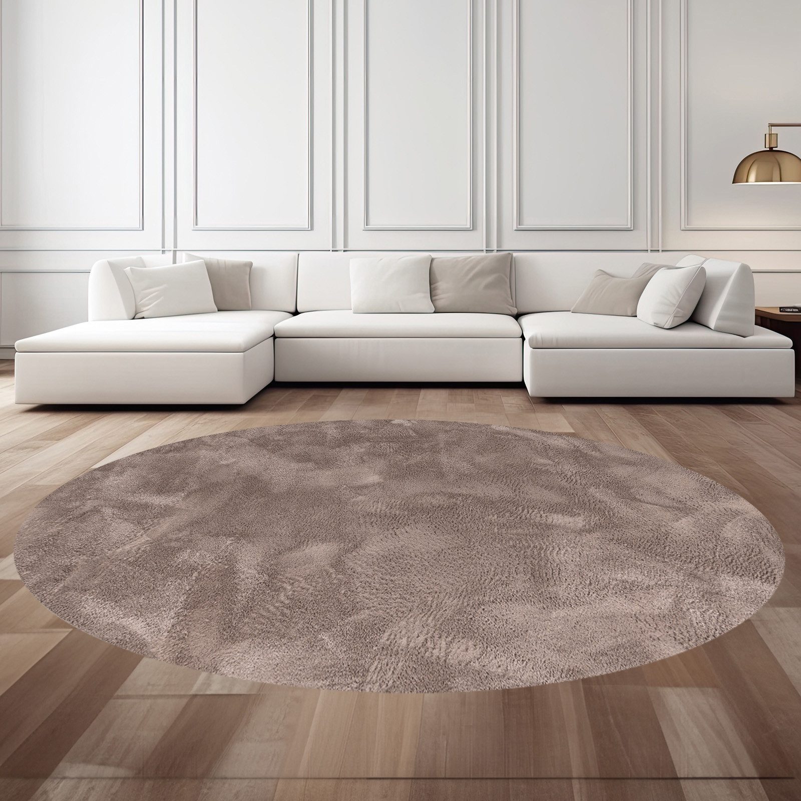 TaCa Home Teppich Flauschiges Hasenfell Imitat, oval, Höhe: 14 mm, Wohnzimmer Schlafzimmer Esszimmer Kinderzimmer, Taupe - 120 cm rund