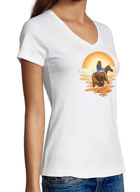 MyDesign24 T-Shirt Damen Pferde Print Shirt - Pferd mit Reiterin im Sonnenaufgang V-Ausschnitt Baumwollshirt mit Aufdruck Slim Fit, i140