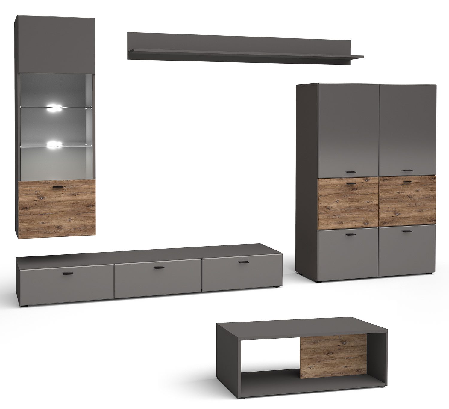 Feldmann-Wohnen Wohnwand Oviedo, (1 Hängevitrine, 1 Highboard (6-türig), 1 Lowboard, 1 Wandregal, 1 Couchtisch, 5-St., moderne Optik, holzfarbene Akzente, Griffstücke, mit Beleuchtung), 5-teilig graphit matt Flagstaff Eiche