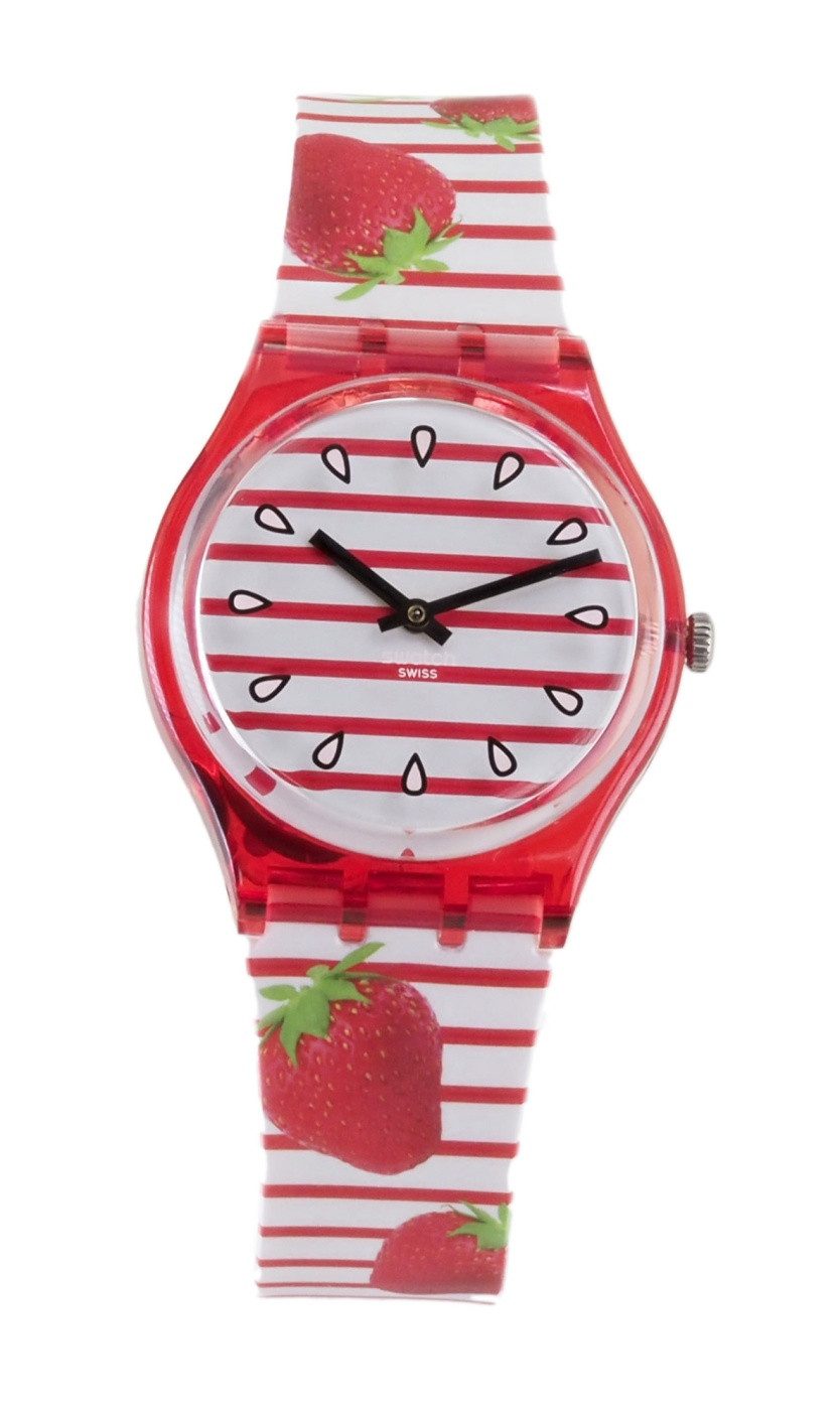 Swatch Quarzuhr Swatch Damen Quarz Uhr GR177 TOILE FRAISEE X42, (Schwarz), Erdbeeren