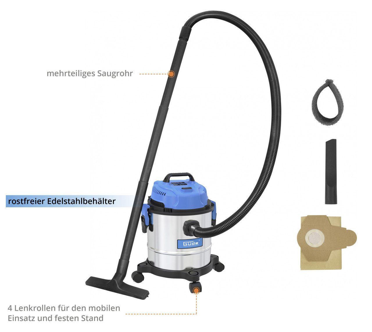 Güde Nass-Trocken-Sauger GNTS 12L, 1200 W, mit Beutel, 1200 W, 180 mbar, 12 L Edelstahlbehälter