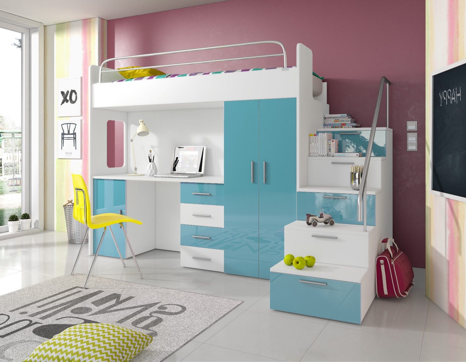 Xlmoebel Hochbett Doppelstockbett mit Schreibtisch und Schrank Sofort (Hochbett)