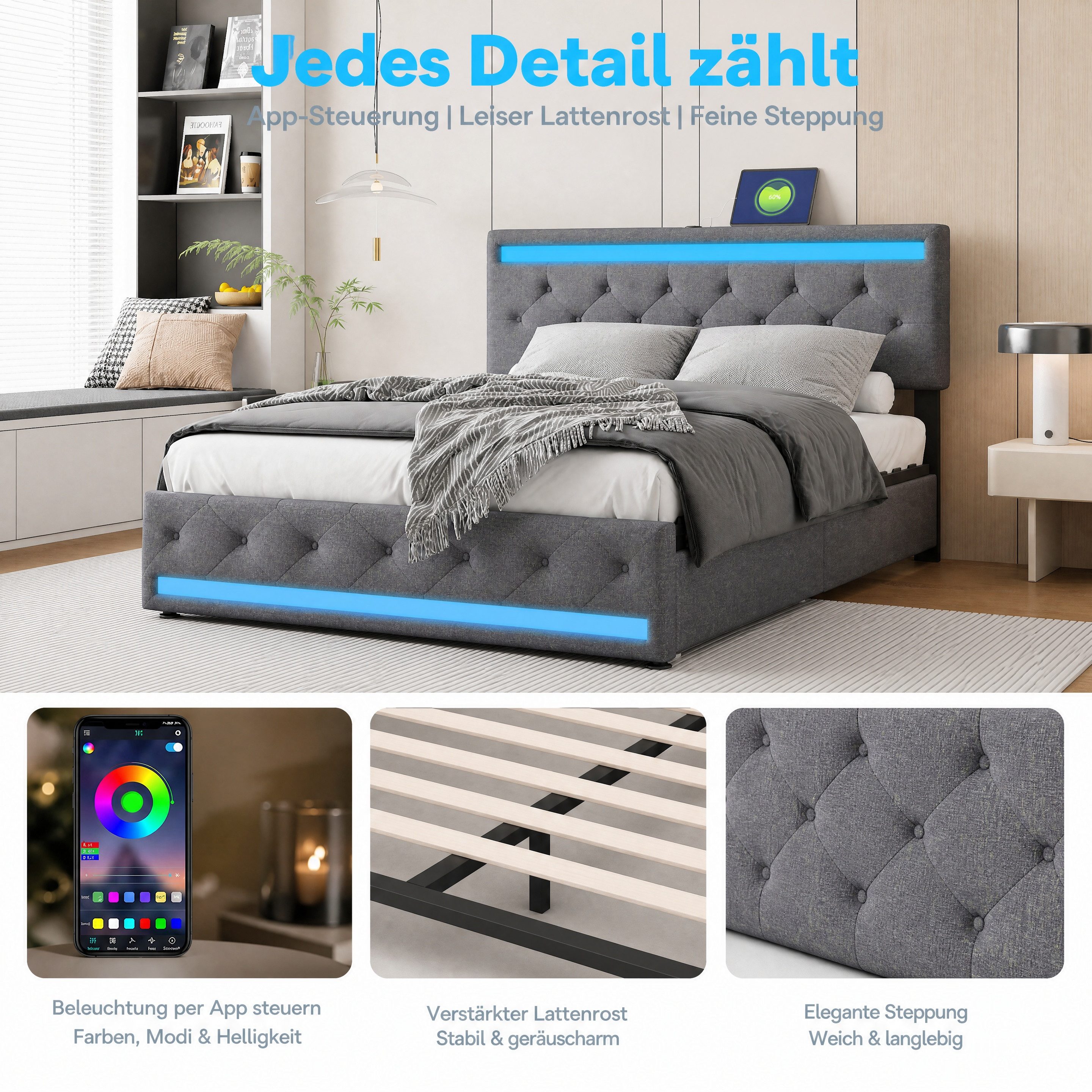 ADWOLT Stauraumbett Doppelbett Polsterbett mit Schubladen (Bettgestell, 1-tlg., 140x200 cm,Jugendbett Mit Kopfteil und Lattenrost,mit USB und Type-C), LED-Beleu – Bild 5 von 5