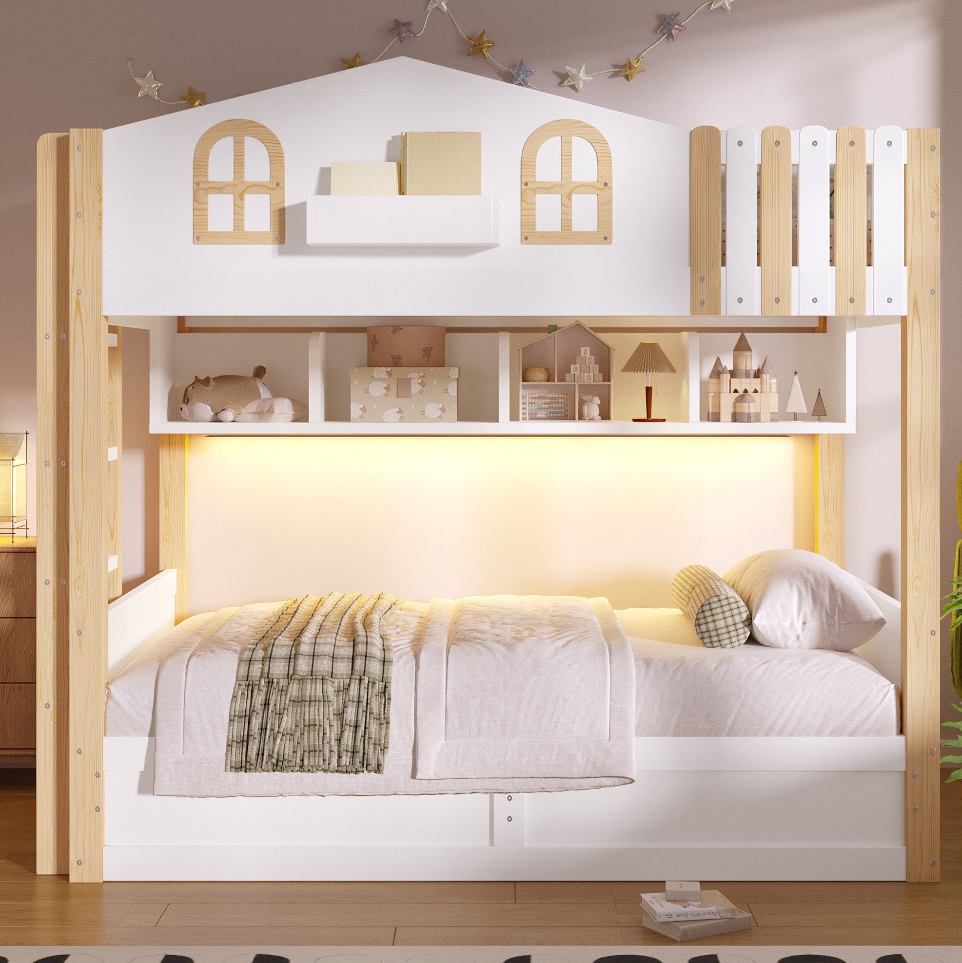 MODFU Etagenbett Kinderbett, hydraulischer Lagerung und variabler Leiteranordnung (90x200 cm Jugendbett mit LED-Leuchten, großem Stauraumfach, Holzbett Funktionsbett)