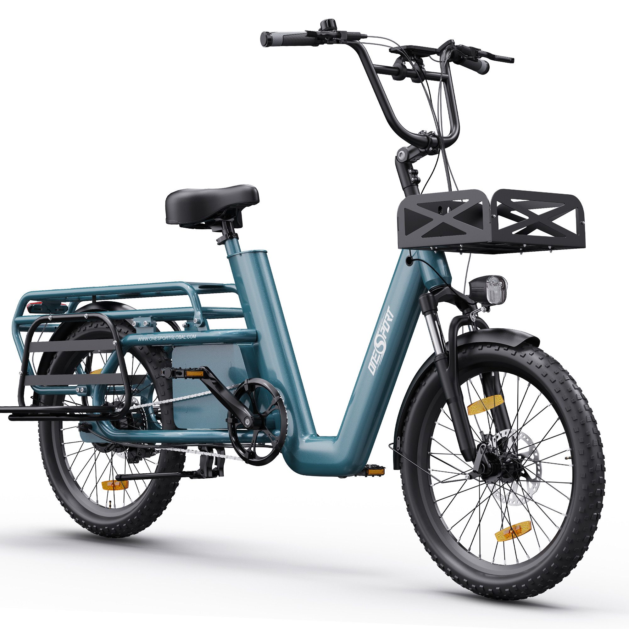 Onesport E-Bike Cargo OT 01 Cargo 250W Motor, 48V Akku, Geländereifen 20x2.6 Easy Glide, Kettenschaltung, Heckmotor, 1296 Wh, elektrischen Bremshebel mit Scheibenbremesen, 20° Steigfähigkeit