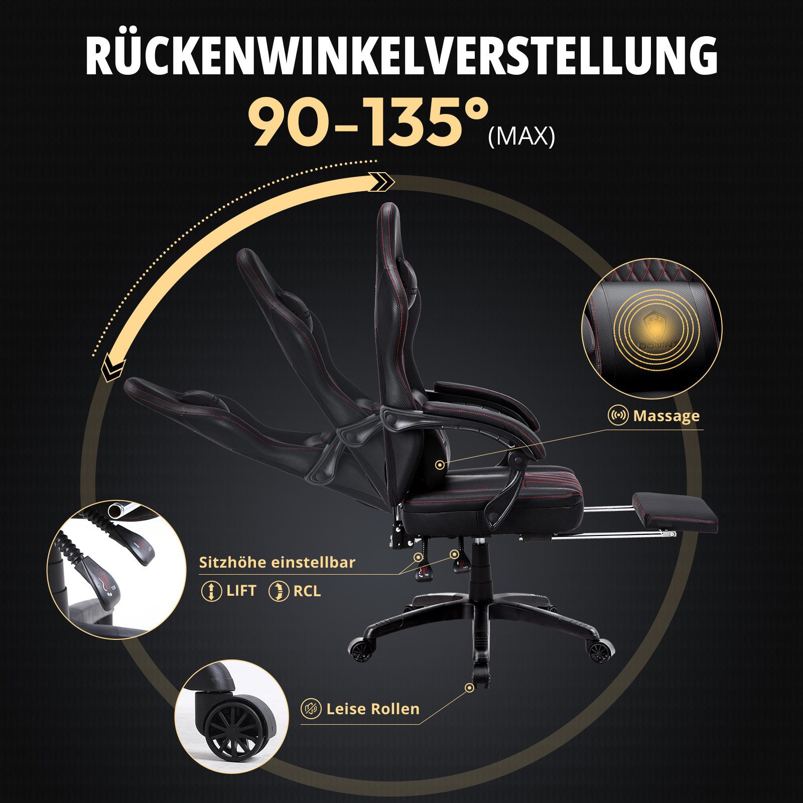 Dowinx Gaming-Stuhl mit Frühling Kissen,Racing Gamer Stuhl mit Massage Lendenwirbelstütze (Packung), Ergonomischer Gaming Sessel mit Fußstütze Bürostuhl PU Leder