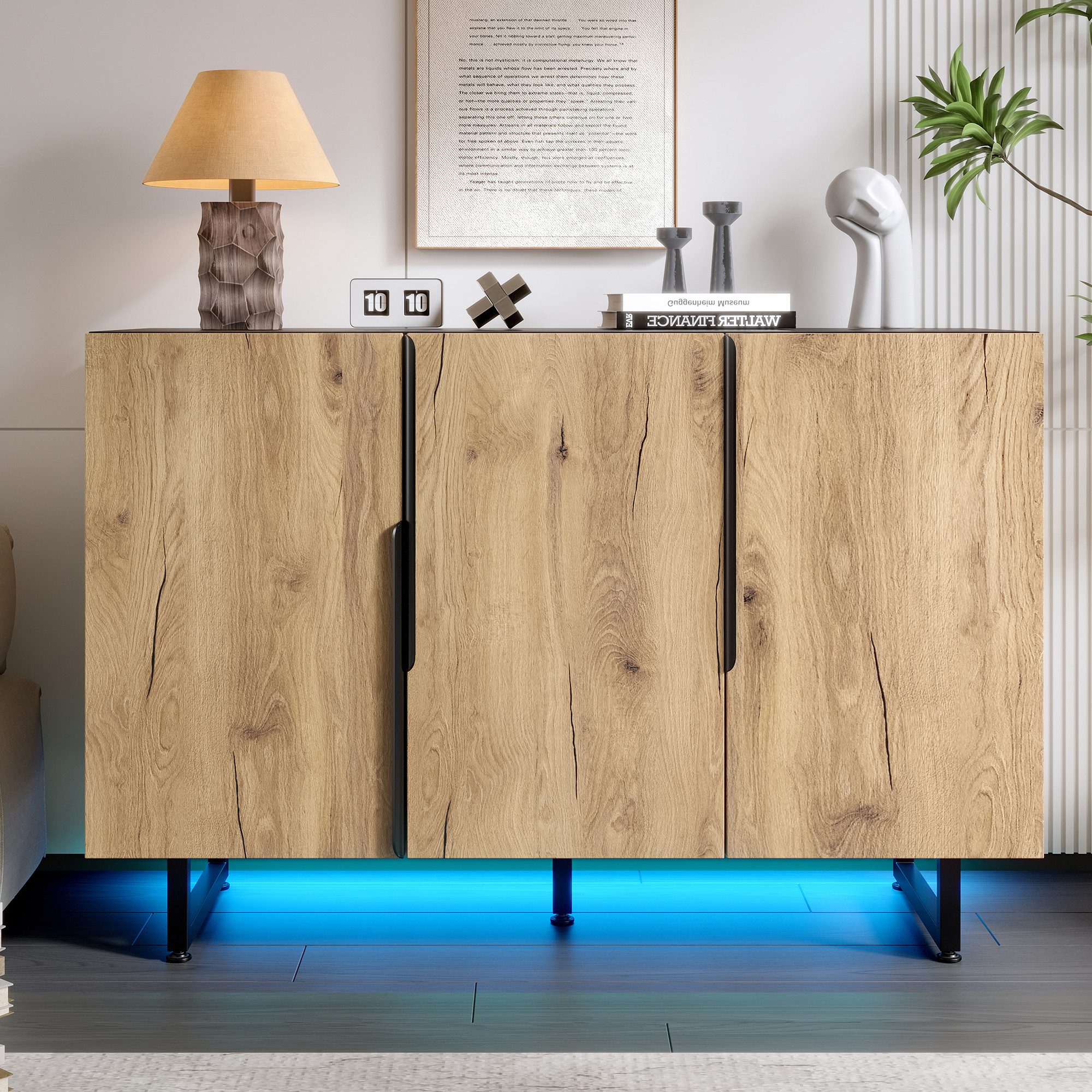 KLAM HOME Sideboard Robustes Retro-Sideboard mit integrierter LED-Beleuchtung (Höhenverstellbare Füße für alle Bodenarten und stylisches Design), Flexibler Stauraum mit verstellbaren Einlegeböden und Schubladen