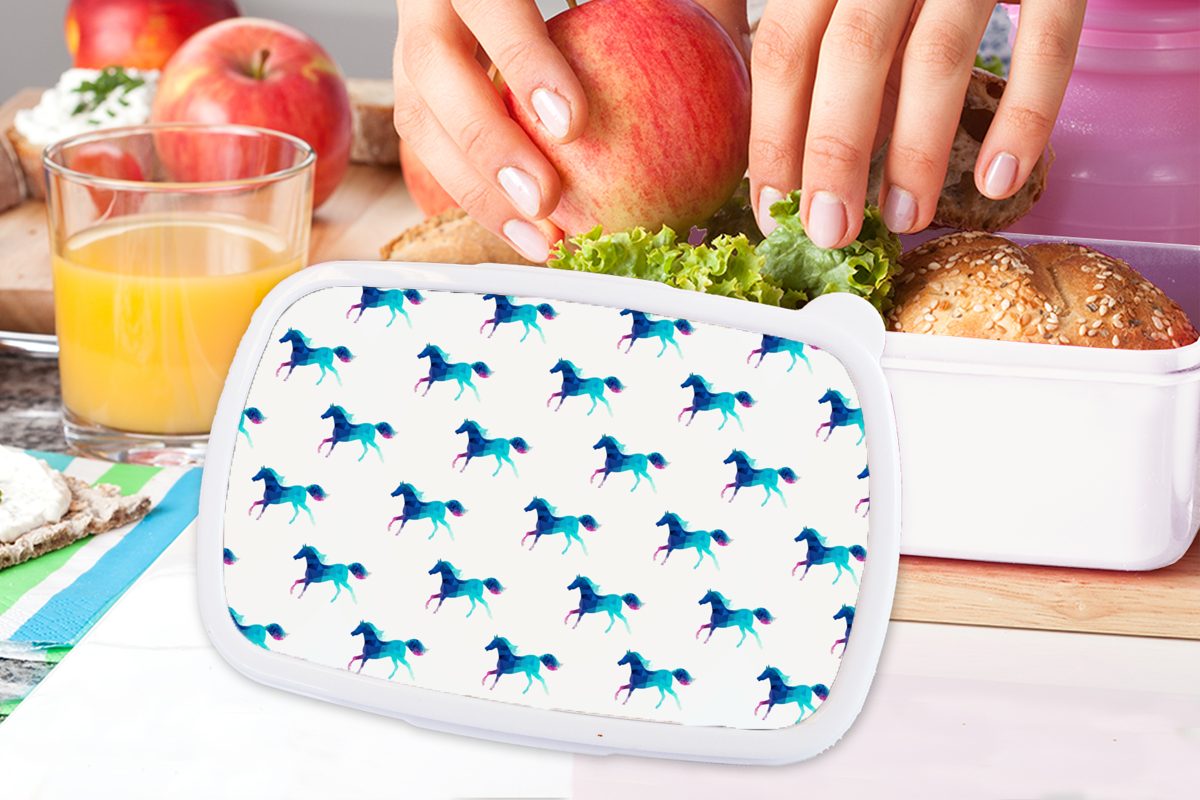 MuchoWow Lunchbox Mädchen - Kinder - Erwachsene, - Jungs für - Kunststoff, Brotdose, Mädchen Brotbox weiß für Muster Pferde Kristall - Kinder und (2-tlg), - - Blau Kind, und Mädchen