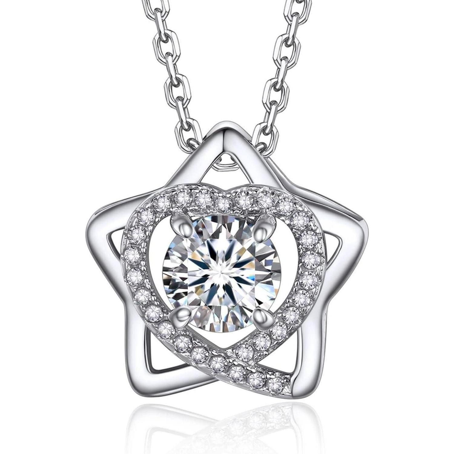 Kette mit Anhänger Halskette Damen Silber 925 Moissanite Halbkarat Solitär 4 Herz Stern