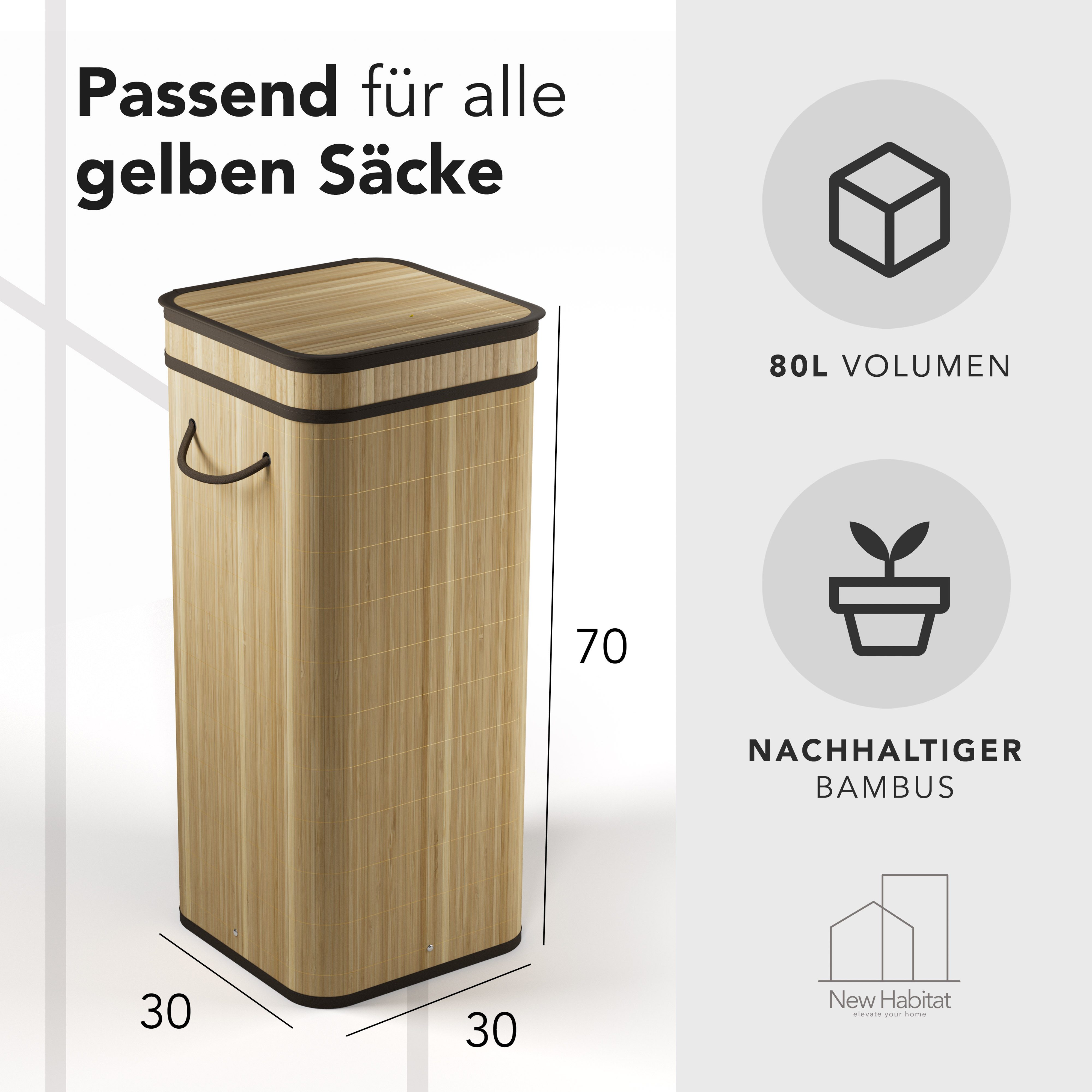 New Habitat Müllsackständer Gelber Sack Ständer aus Bambus I 80L mit geruchsdichtem Deckel