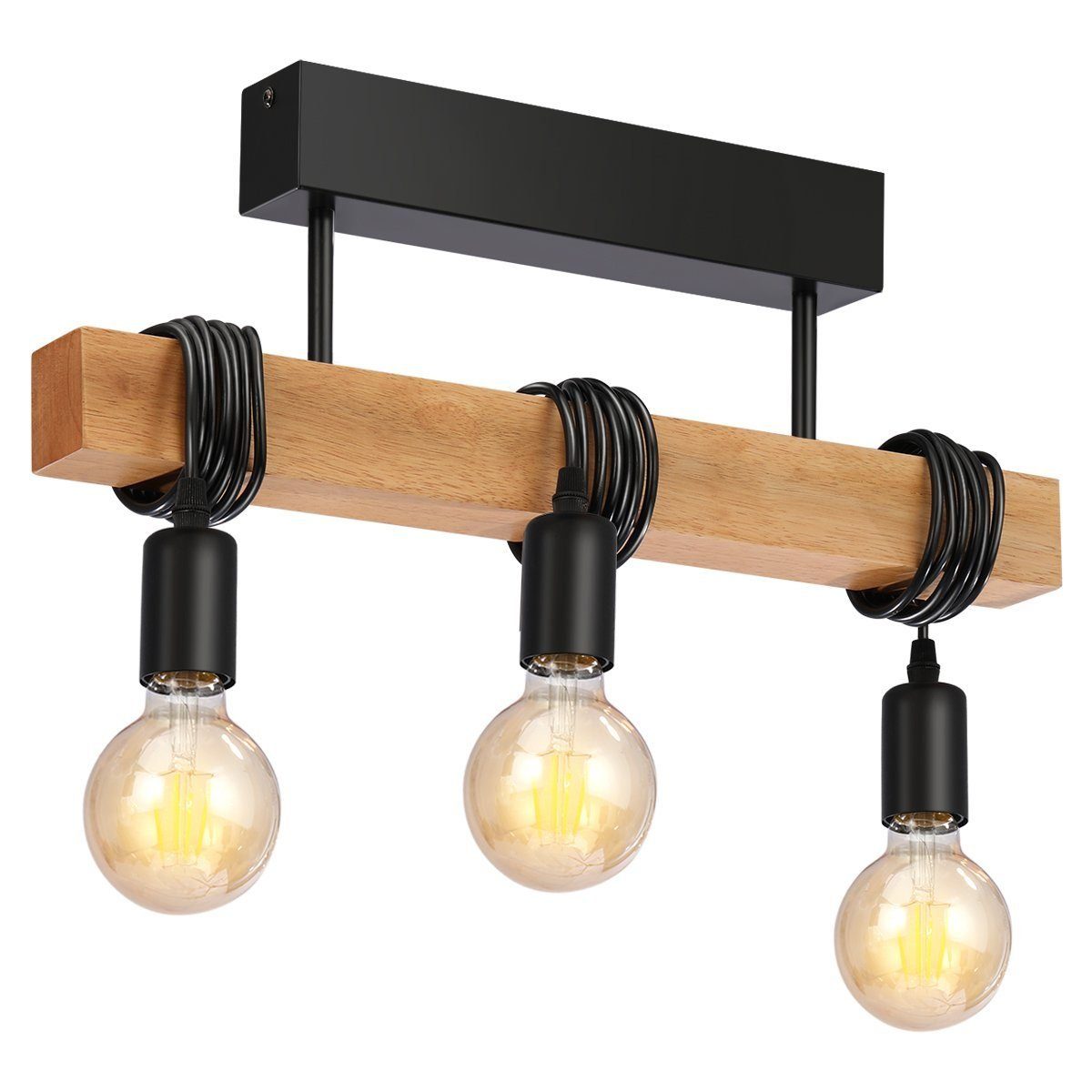 LETGOSPT Pendelleuchte E27 Metall Deckenlampe, 3 flammige Deckenleuchte im Industrial Design, LED wechselbar, Retro Pendelleuchte aus Stahl und Holz, Hängeleuchte für Esstisch Küche 1 * Pendelleuchte ohne Leuchtmittel