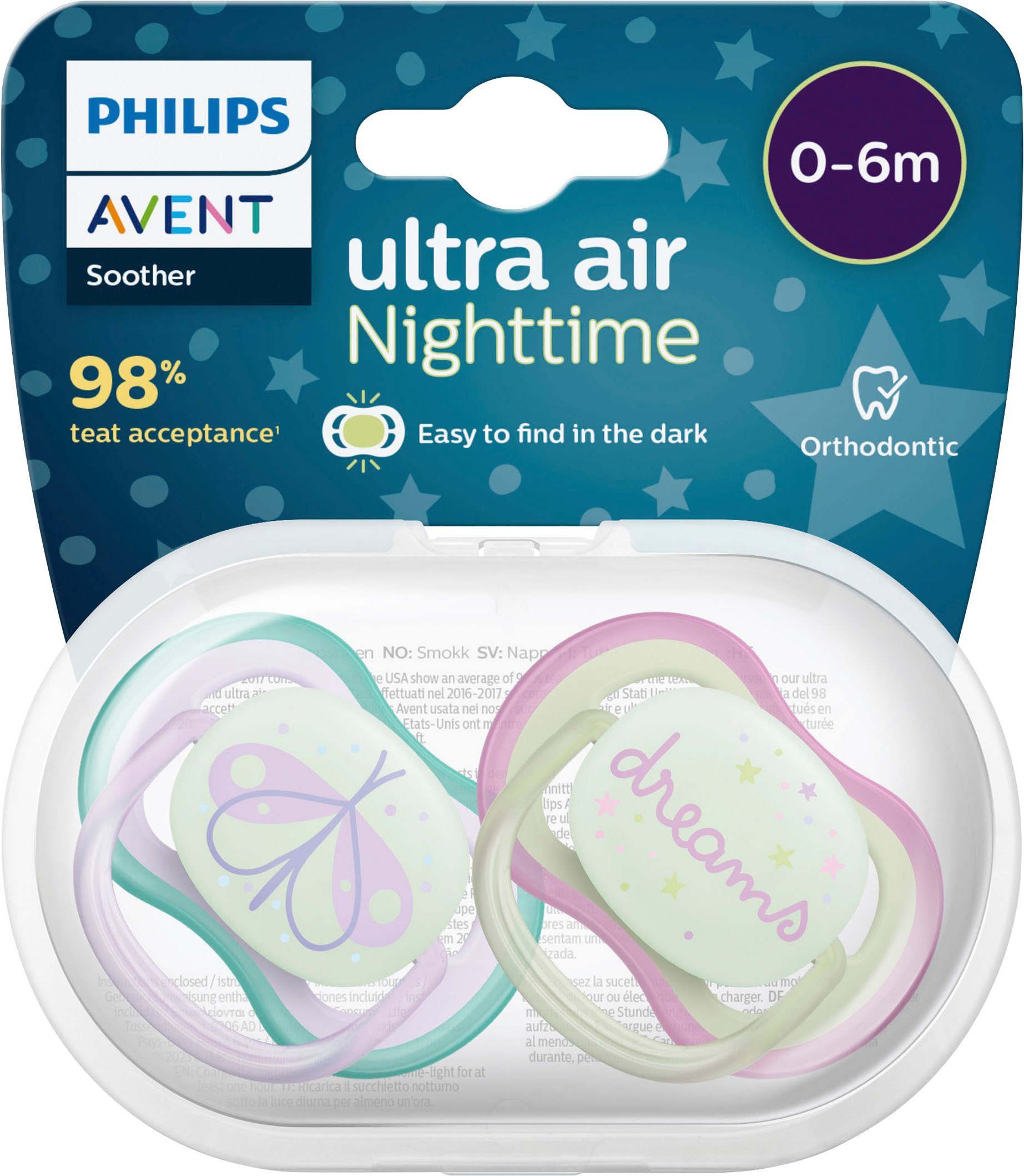 Philips SCF376, bis 6 ultra 0 Schnuller air mit Sterilisationsbox, Doppelpack, AVENT und lila Monate Transport-