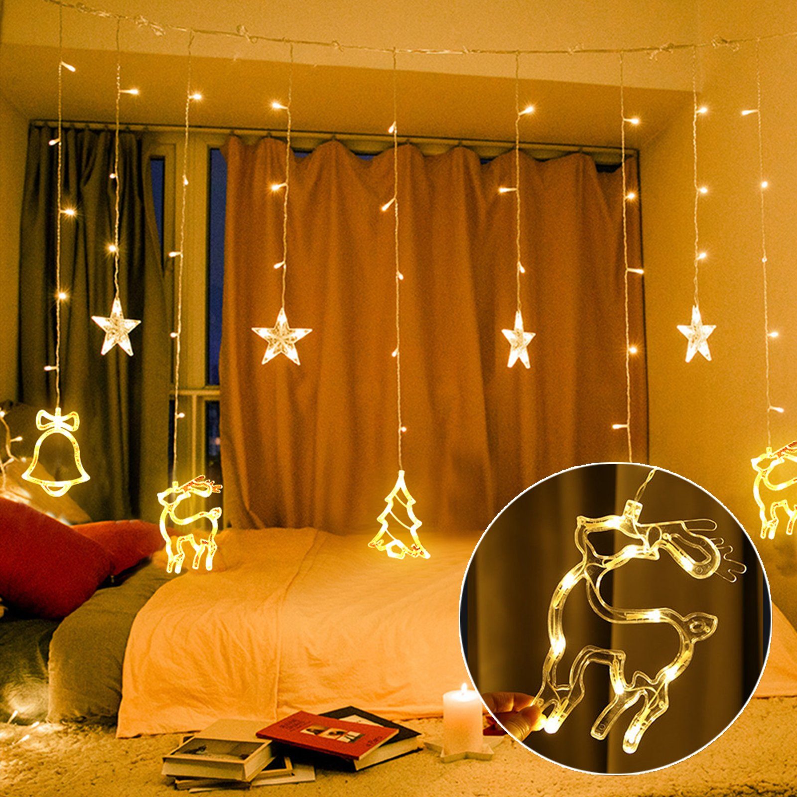 2x1m LED Lichterkette Lichtervorhang Sterne Fenster Party Deko Innen Beleuchtung 