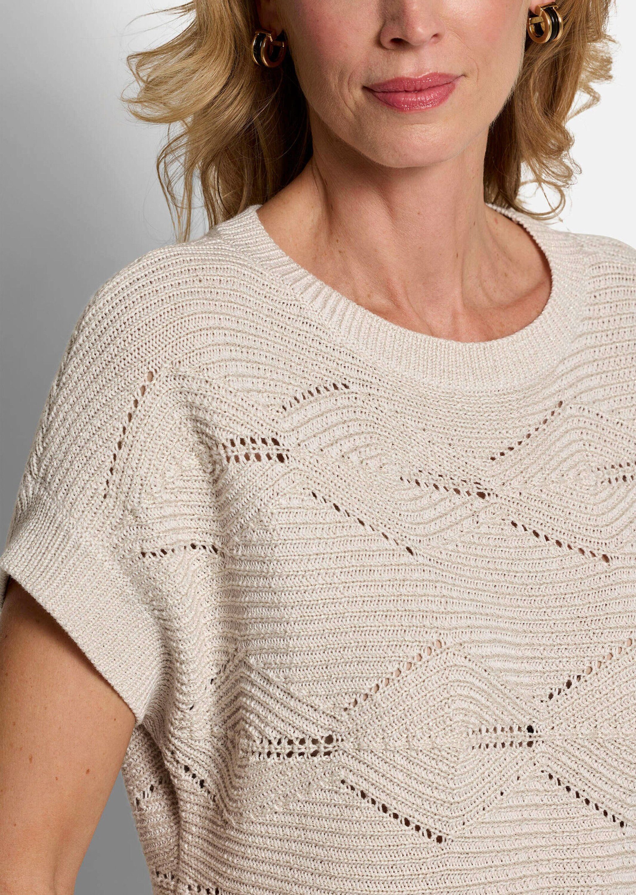 GOLDNER Strickpullover Kurzgröße: Baumwollpullover mit Rautenstruktur Ajourpullover mit U-Boot-Ausschnitt, Rippenbündchen und Viertelarm
