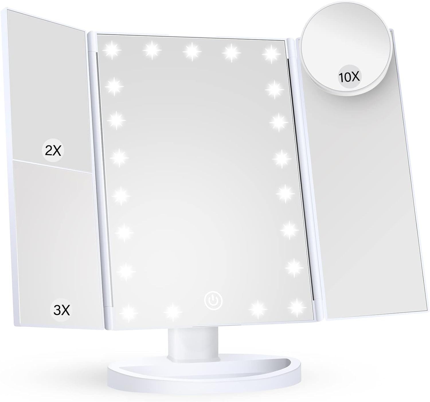 GOOLOO LED-Lichtspiegel Beleuchteter Schminkspiegel - mit 10X 3X 2X Vergrößerung (1-St., um 180° verstellbarem Ständer, doppeltem Netzteil, Tischspiegel), dreifach gefaltetem Spiegel mit Lichtern, Touchscreen-Schalter
