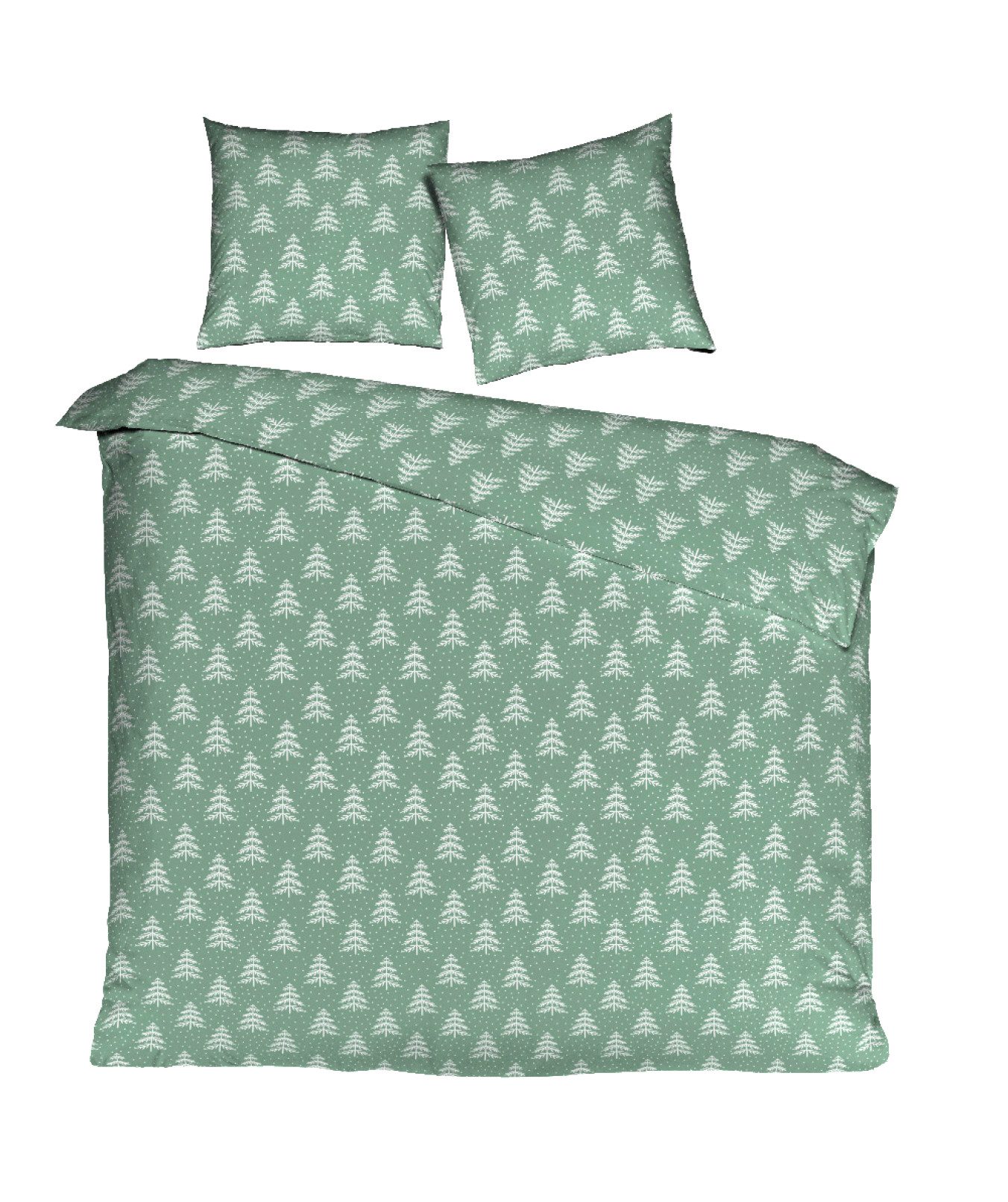 mistral home Bettwäsche 135x200cm Tannenbaum Schneeflocke Mint Grün, Flanell, 2 teilig, mit Tannenbaum-Design und Sternflocken