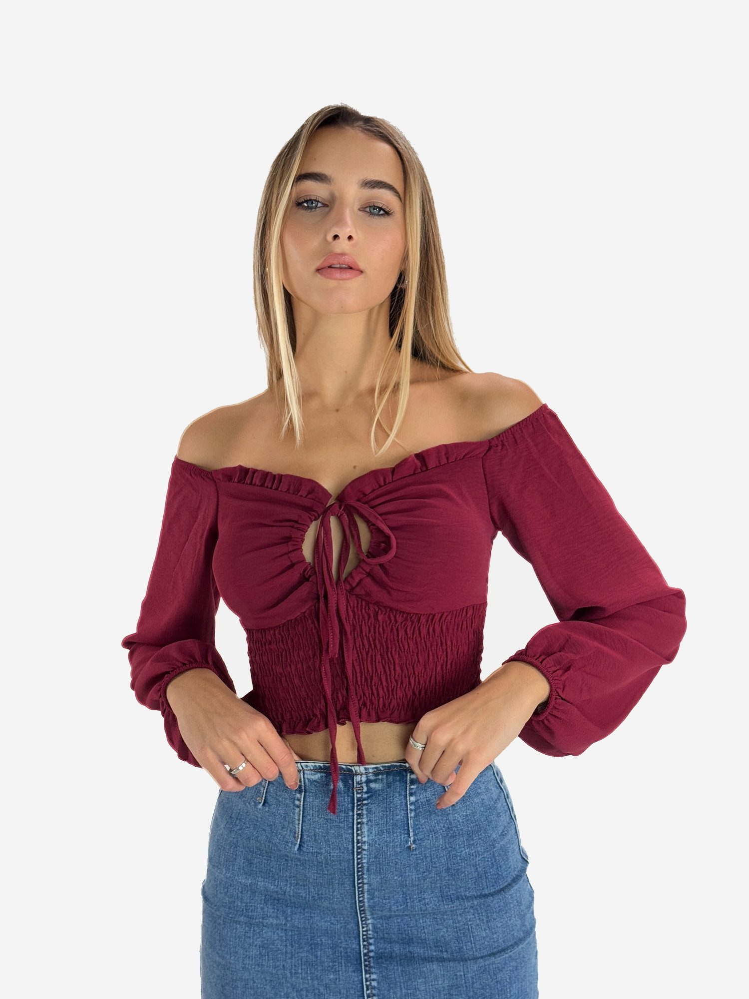 Elara Blusentop — Damen Off-Shoulder Bluse mit Smoktaille, Bindeband & Ballonärmeln