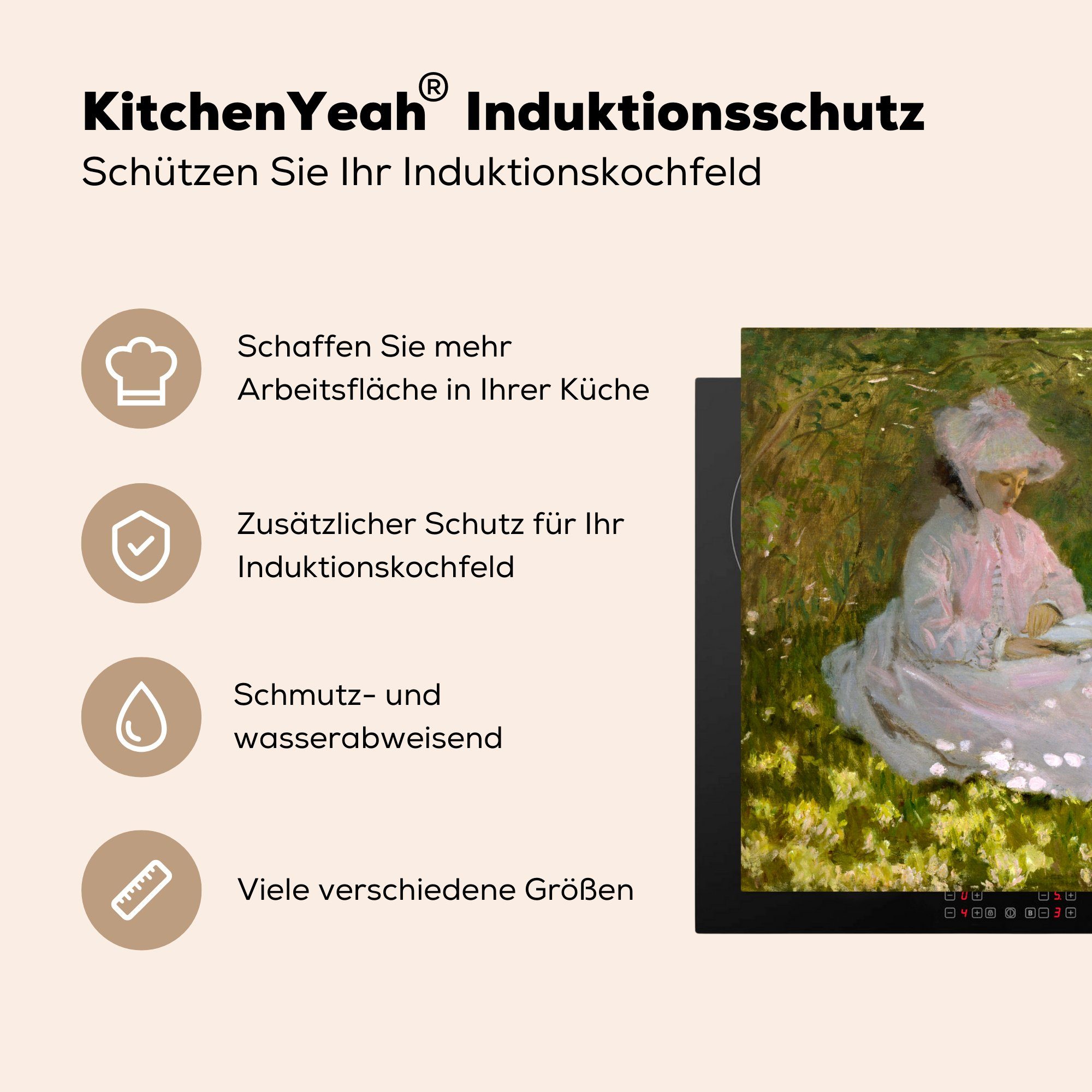 Frau 78x78 Vinyl, küche (1 MuchoWow Lesende - Ceranfeldabdeckung, Monet, Arbeitsplatte cm, für tlg), Herdblende-/Abdeckplatte Claude