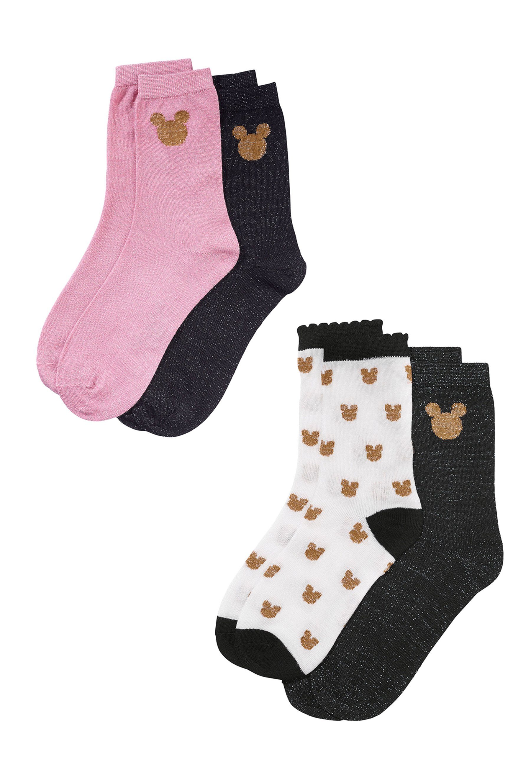 ONOMATO! Socken Mickey Mouse Damen rosa/schwarz Socken Strümpfe Pack (4-Paar) 4er