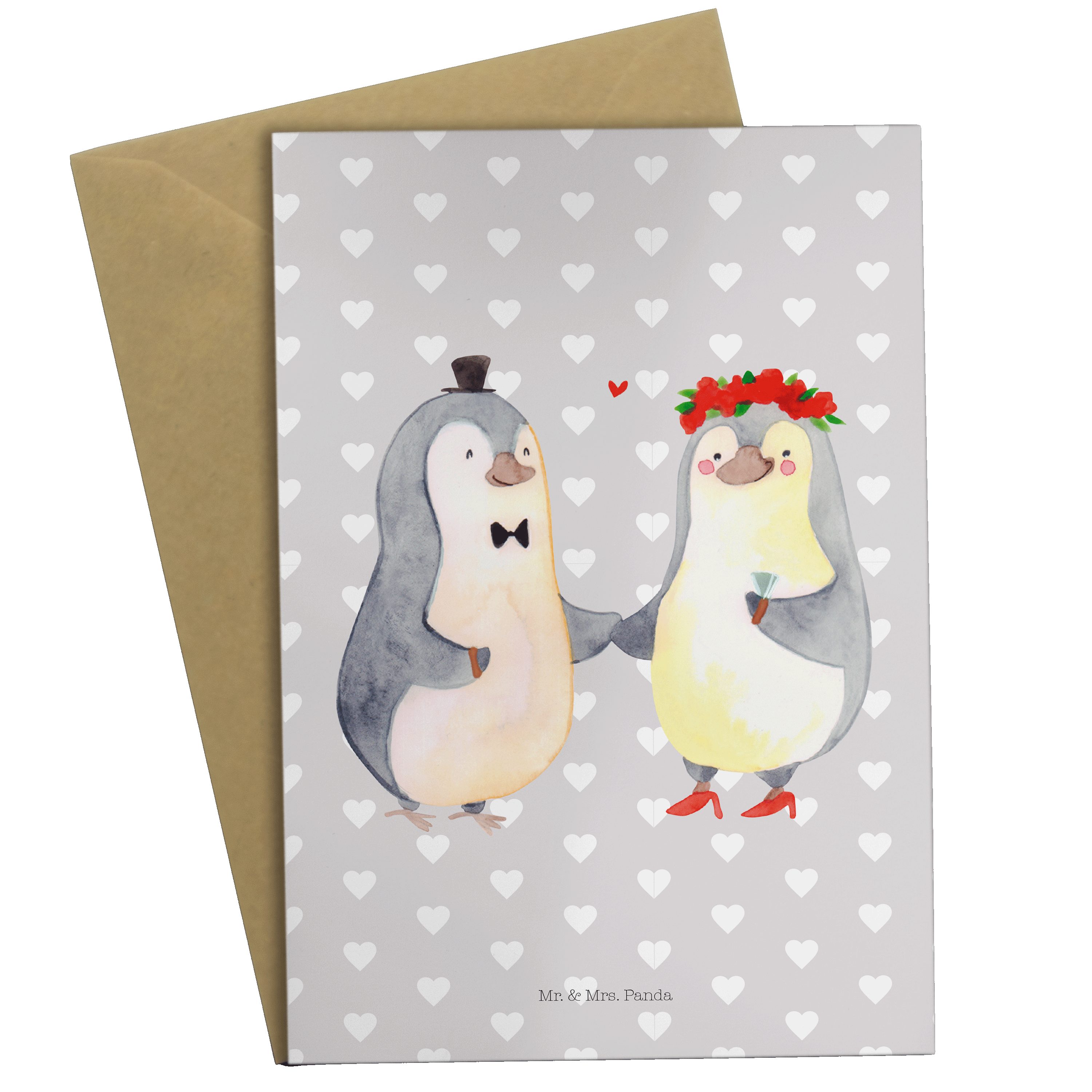 Mr. & Mrs. Panda Grußkarte Pinguin Heirat - Grau Pastell - Geschenk, Einladungskarte, Glückwunsc