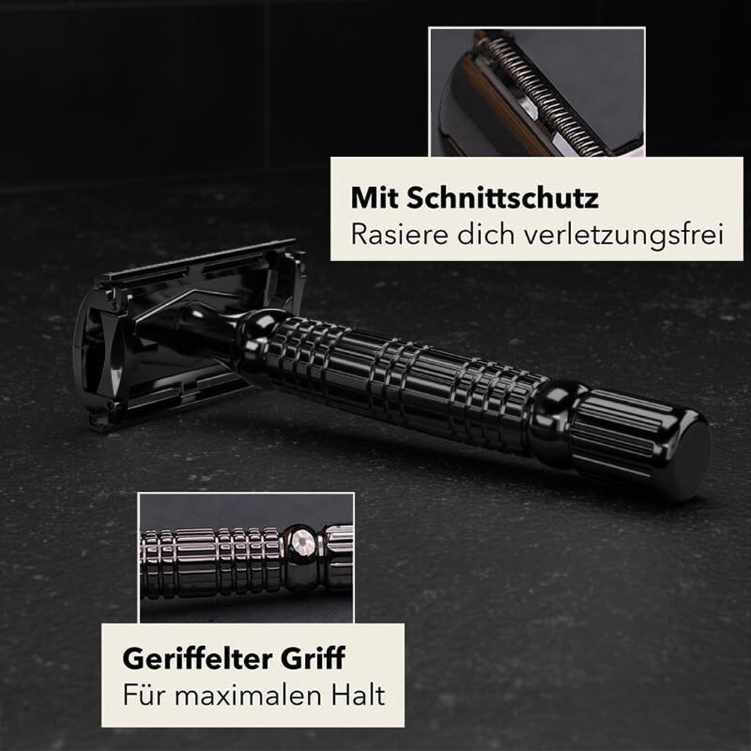 Störtebekker Rasierhobel Herren - Schwarz - im handgefertigten Lederetui inkl. 10 Klingen, perfekt für Einsteiger