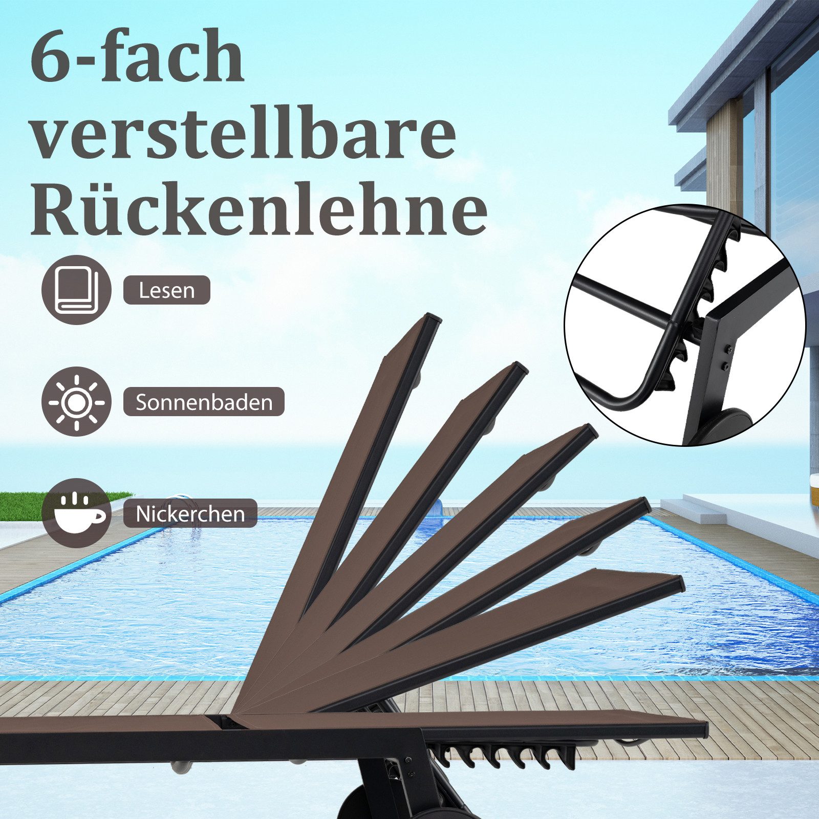 COSTWAY Gartenliege, 2 St., Liegestuhl-Set verstellbar mit Tisch, Rollen
