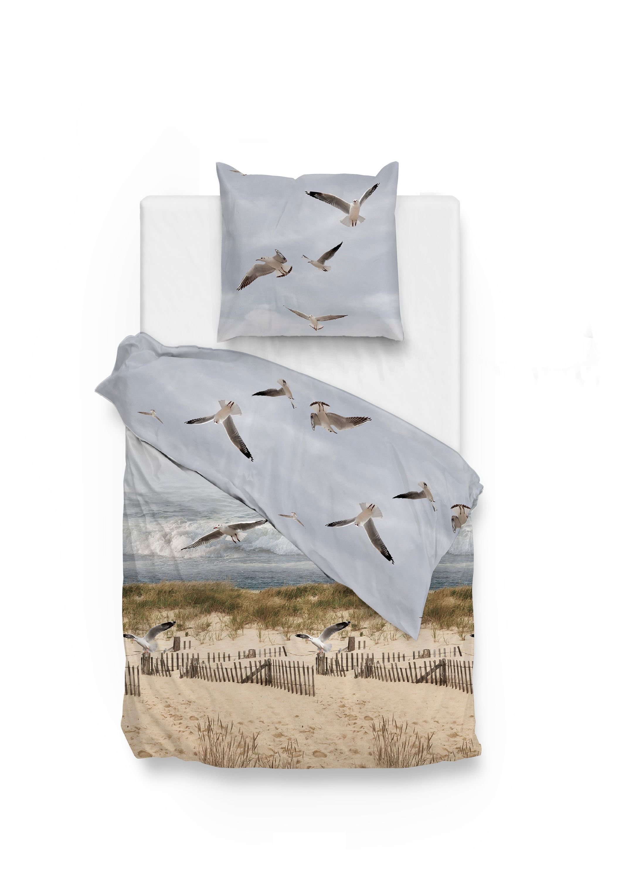 ZO HOME Bettwäsche Maritim, Baumwolle, 2 teilig, Möwen, Düne, Meer