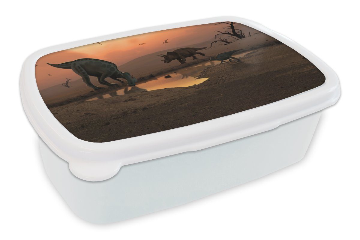 MuchoWow Lunchbox Dinosaurier - Wilde Tiere - Zeichnung - Kinder - Kind, Kunststoff, (2-tlg), Brotbox für Kinder und Erwachsene, Brotdose, für Jungs und Mädchen weiß