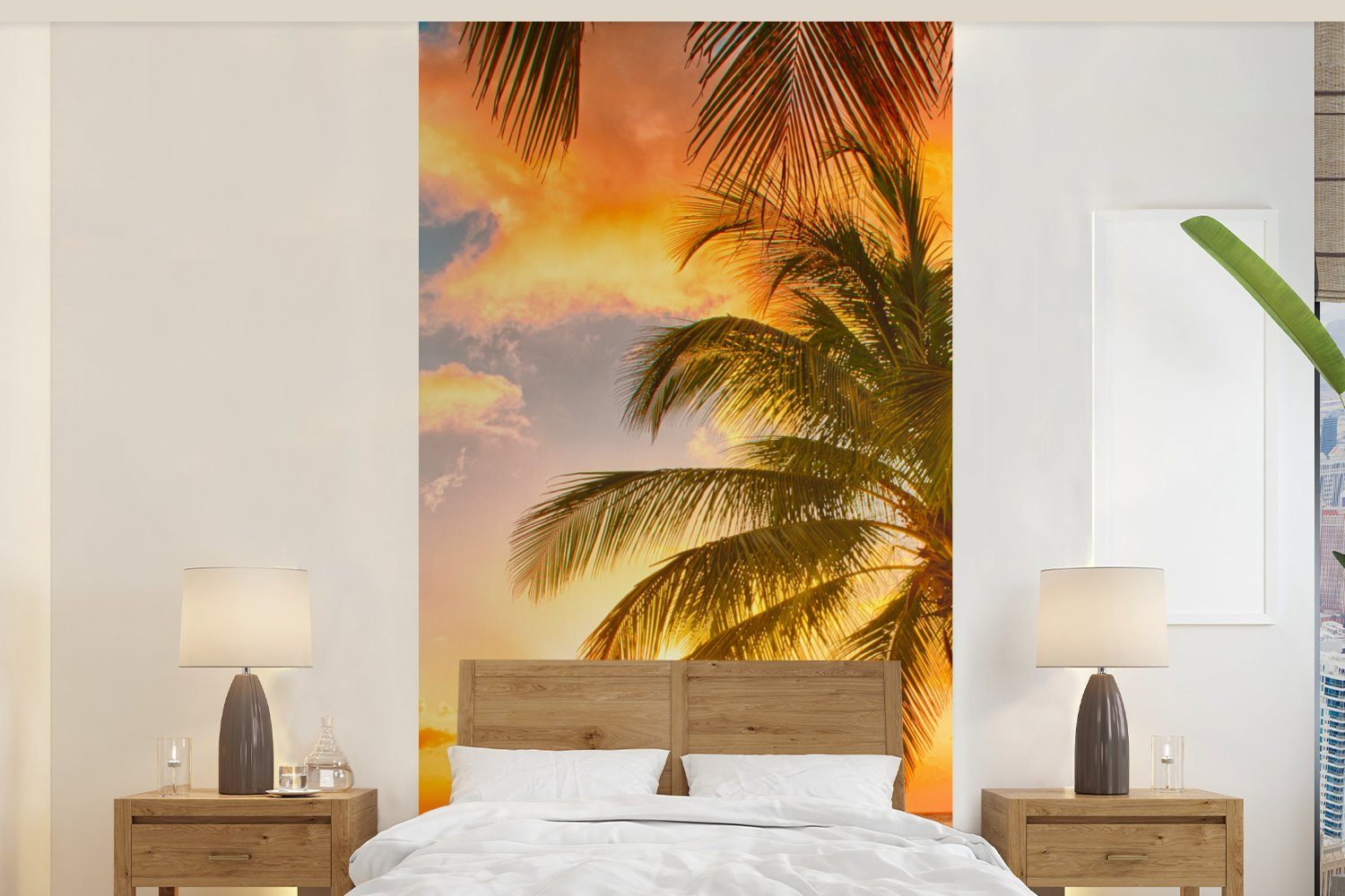 MuchoWow Fototapete Sonnenuntergang - Palme - Wolken - Meer - Strand, Matt, bedruckt, (2 St), Vliestapete für Wohnzimmer Schlafzimmer Küche, Fototapete