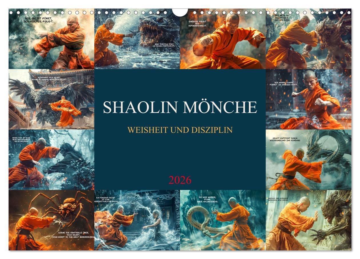 CALVENDO Wandkalender Shaolin Mönche - Weisheit und Disziplin (Wandkalender 2026 DIN A3 quer