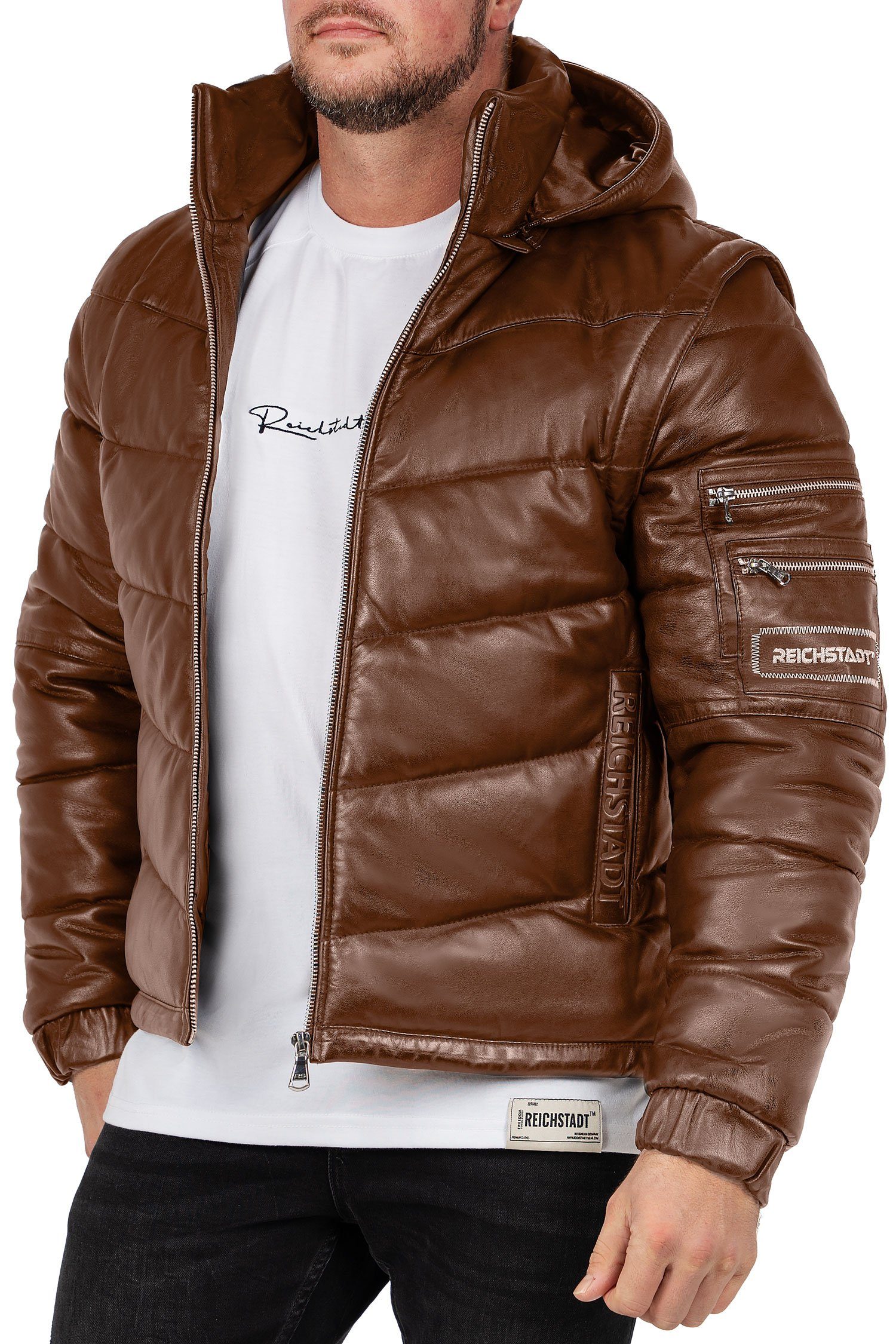 Reichstadt Bomberjacke Herren Echtleder (1-St) abnehmbaren 22RS32LUX cognac mit und Ärmeln Jacke Kapuze