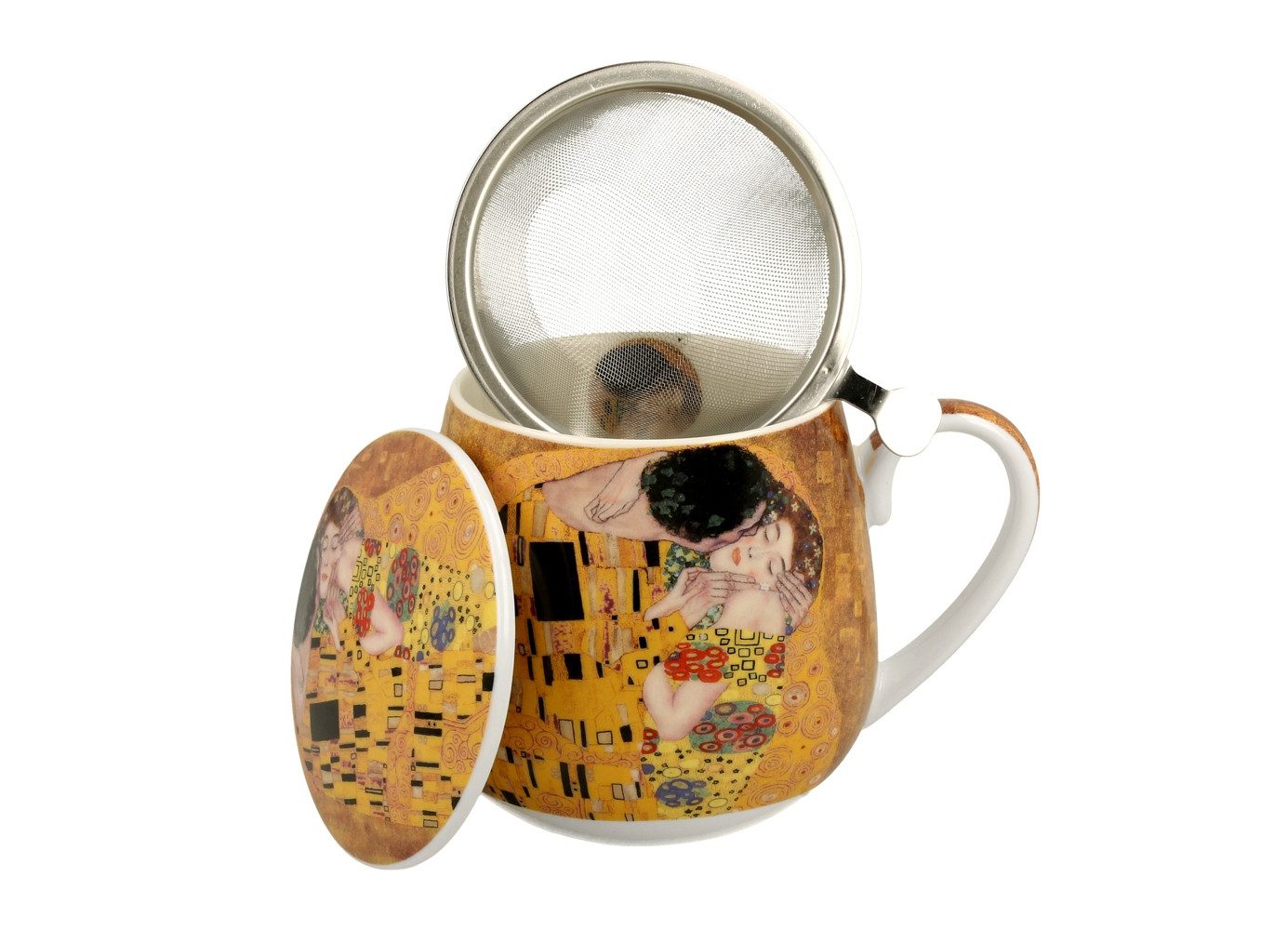 Duo-Gift Tasse The Kiss Klimt Kuss + Sieb + Deckel Kräuterteetasse Porzellan 0,43 L, 1-tlg., 3-tlg.