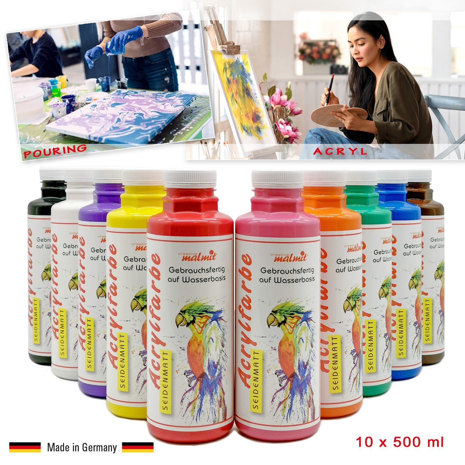 creative malmit® Acrylfarbe Acrylfarben 10er Set je 500 ml Künstlerfarben Acryl Malfarben