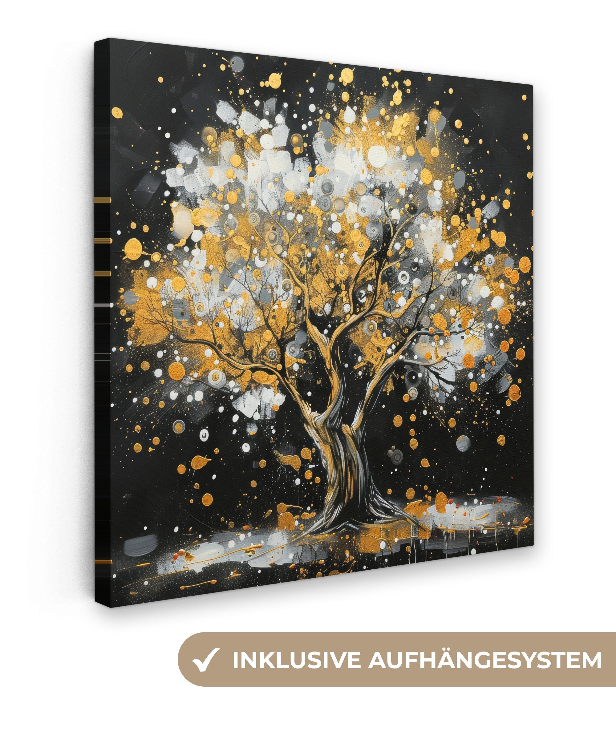 OneMillionCanvasses® Leinwandbild Baum - Schwarz - Gold - Weiß - Modern, Fotodruck (1 St), Wandbild, Deko Schlafzimmer Wohnzimmer Flur 20x20 cm