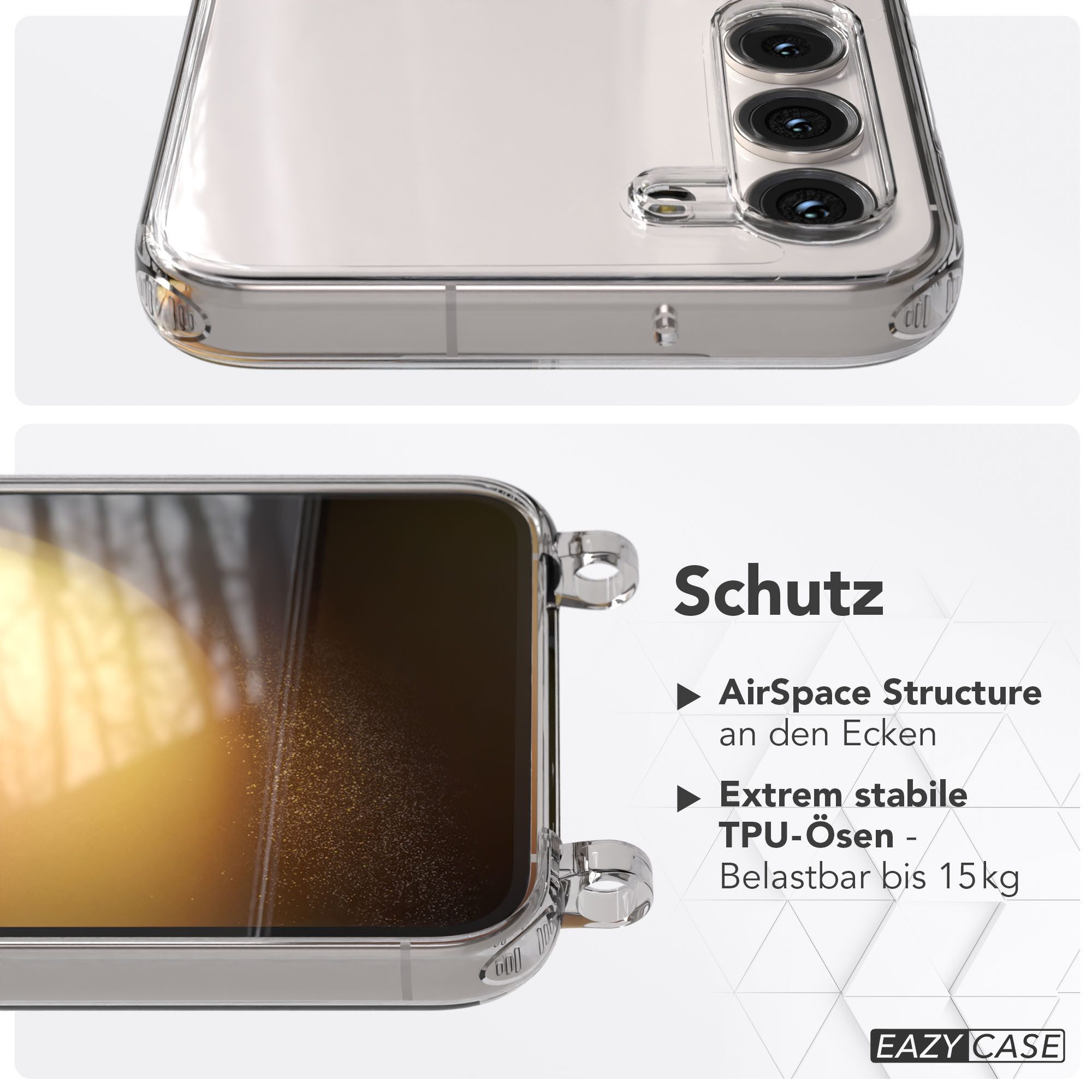 EAZY CASE Handykette Handyhülle für Handyketten mit Befestigungsösen für Samsung Modelle 6,6 Zoll, Hülle für Handykette, Transparent mit Ösen für Samsung Galaxy S23 Plus