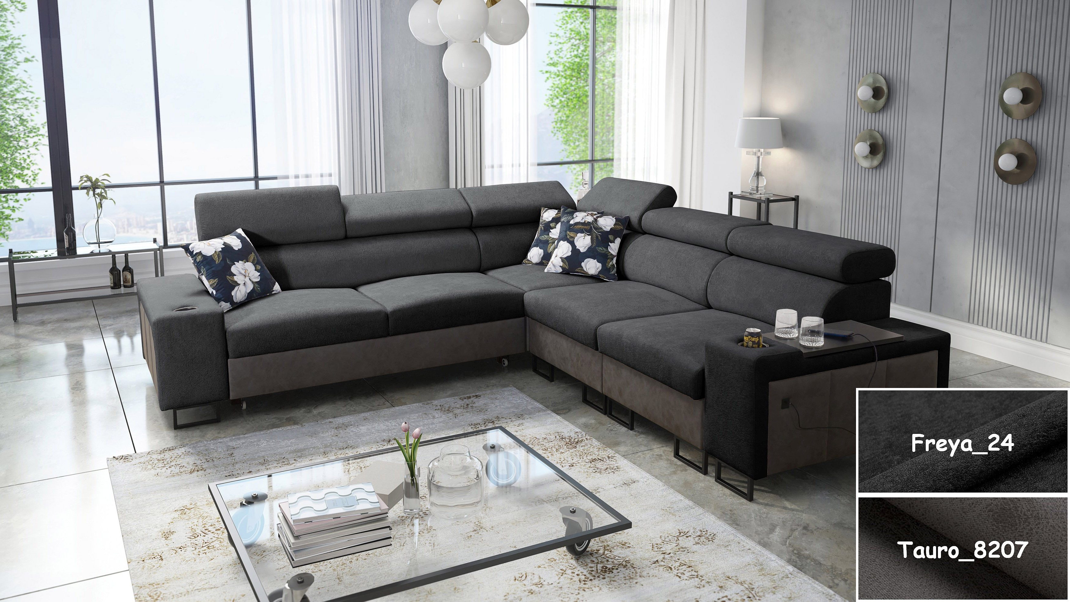 Möbel für Dich Ecksofa Melody III, mit USB, Ablagen, Barfach, Schlaffunktion und 2 Bettkästen