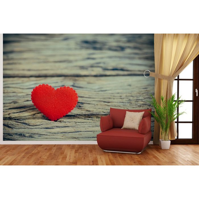 Wallario Vliestapete Liebe mein Valentin - Rotes Filzherz auf Holz Seidenmatte Oberfläche hochwertiger Digitaldruck in verschiedenen Größen erhältlich