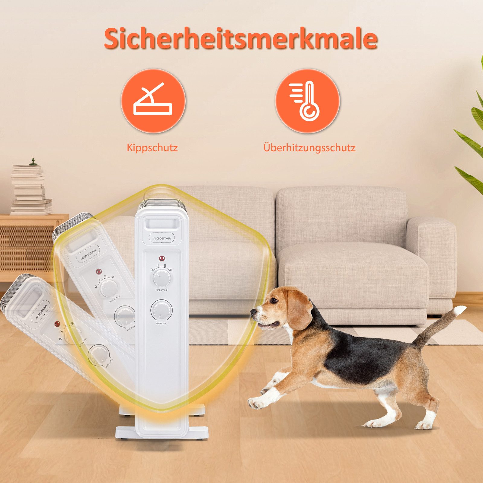 Aigostar Ölradiator Energiesparend Heizkörper mit Thermostat, Mobiler Elektro Heizkörper, 2500 W, Schnelle Wärme, Geräuschlose, Überhitzungsschutz, Kippschutz – Bild 4 von 5
