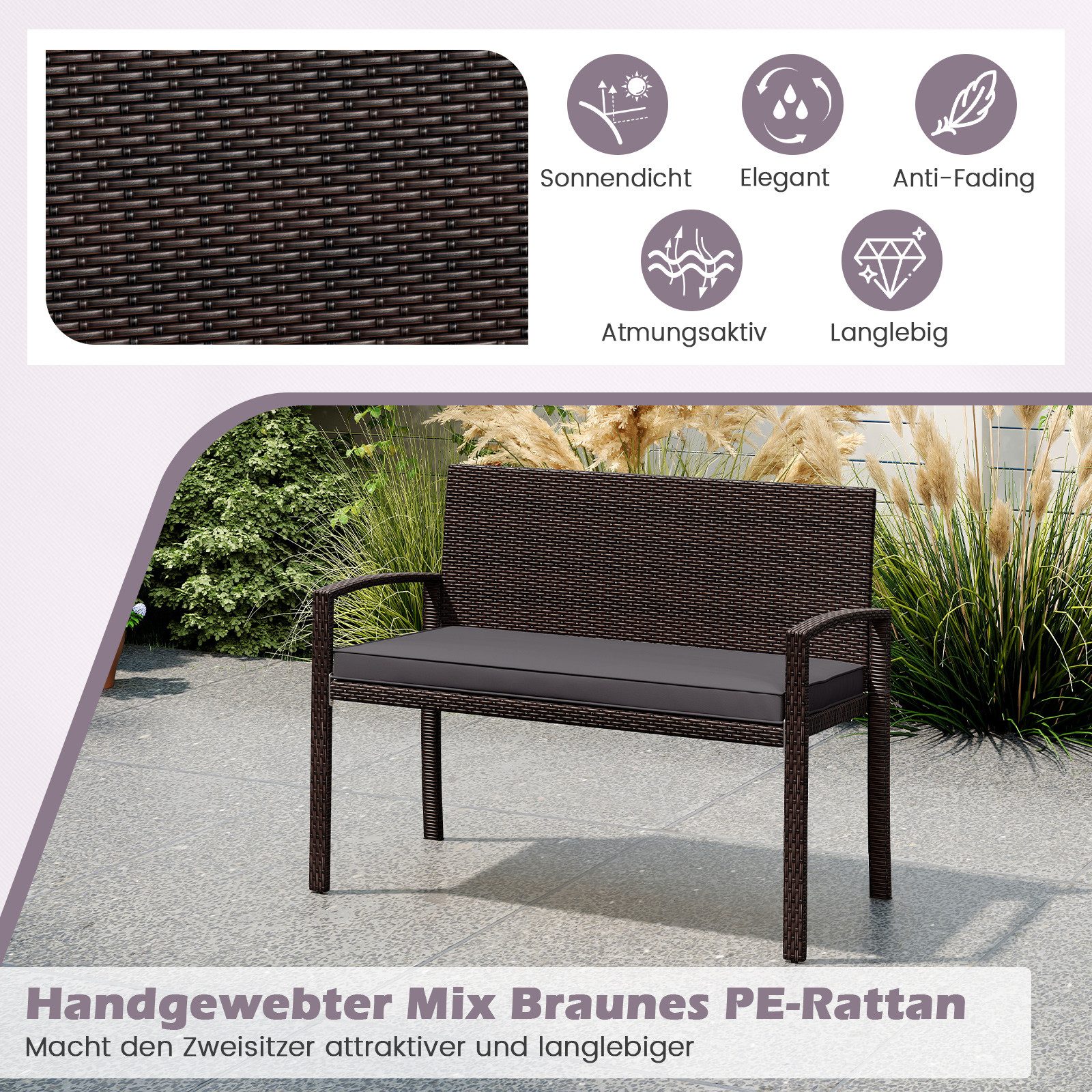 COSTWAY Gartenbank, Rattan 2-Sitzer, Rattanbank mit Kissen & Lehne, 360kg