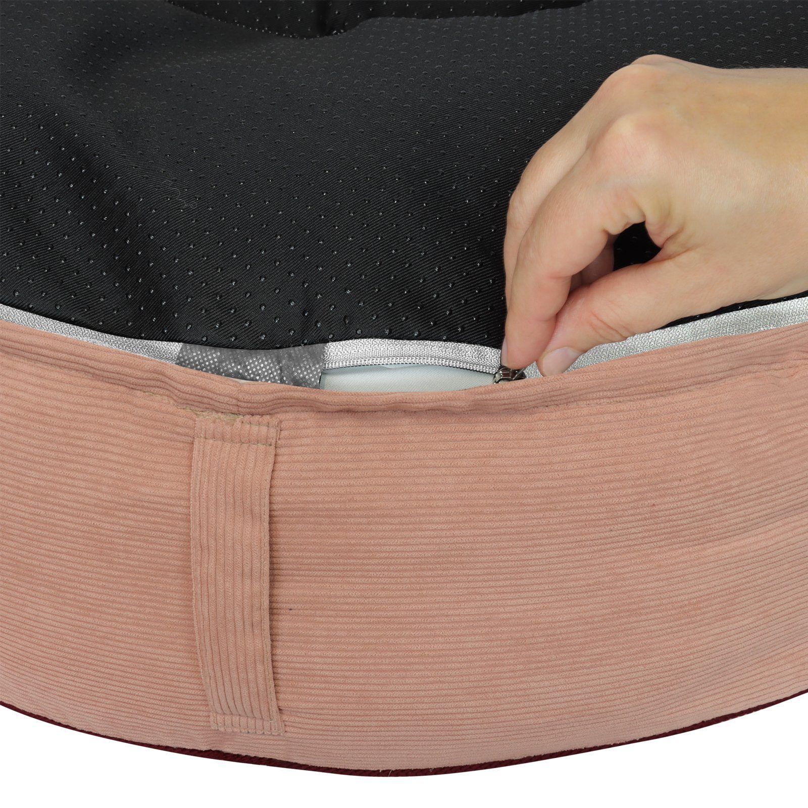 Mr. Cuddles Tierbett Lilly, Rundes Hundekissen, waschbarer Kord-Bezug, Tragegriff, Rosa, M: 80 cm