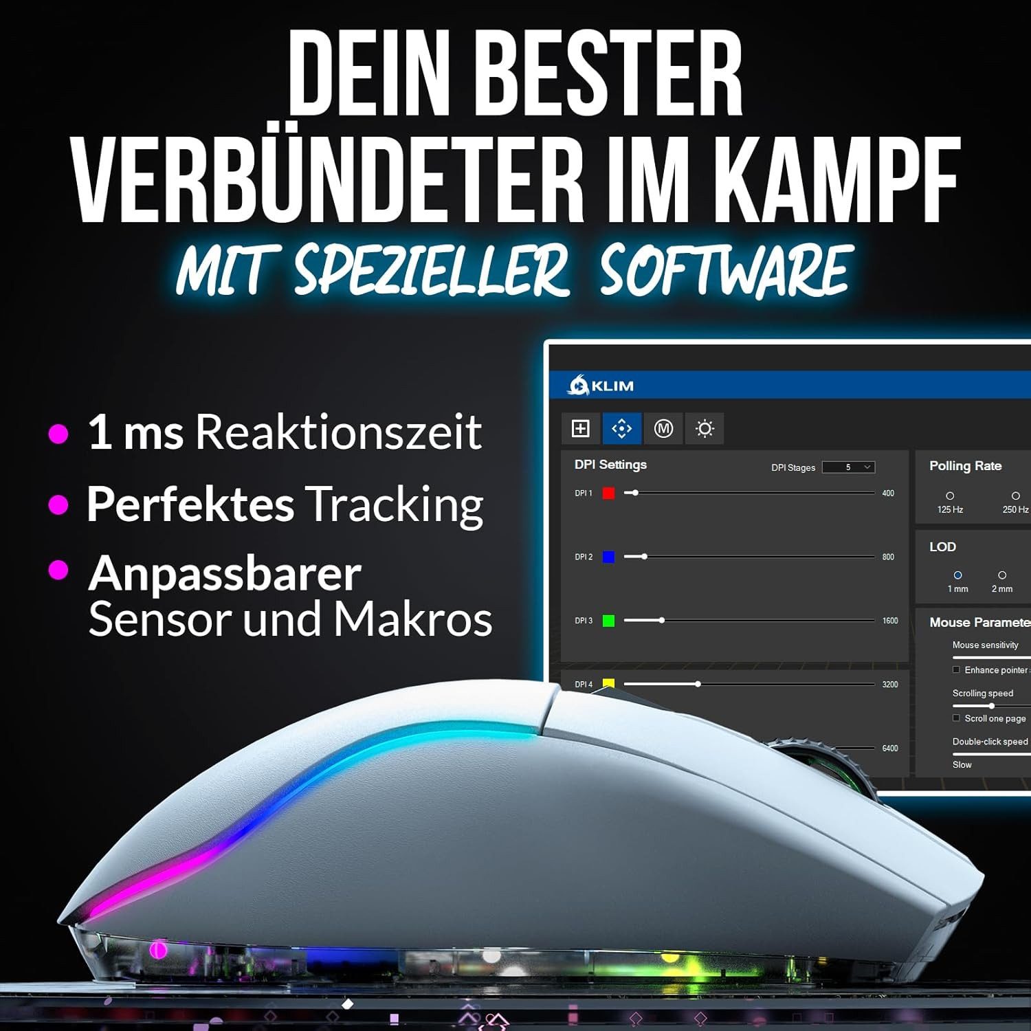 KLIM Blaze X Gaming-Maus (Bluetooth, kabellos mit Ladestation und RGB Beleuchtung)